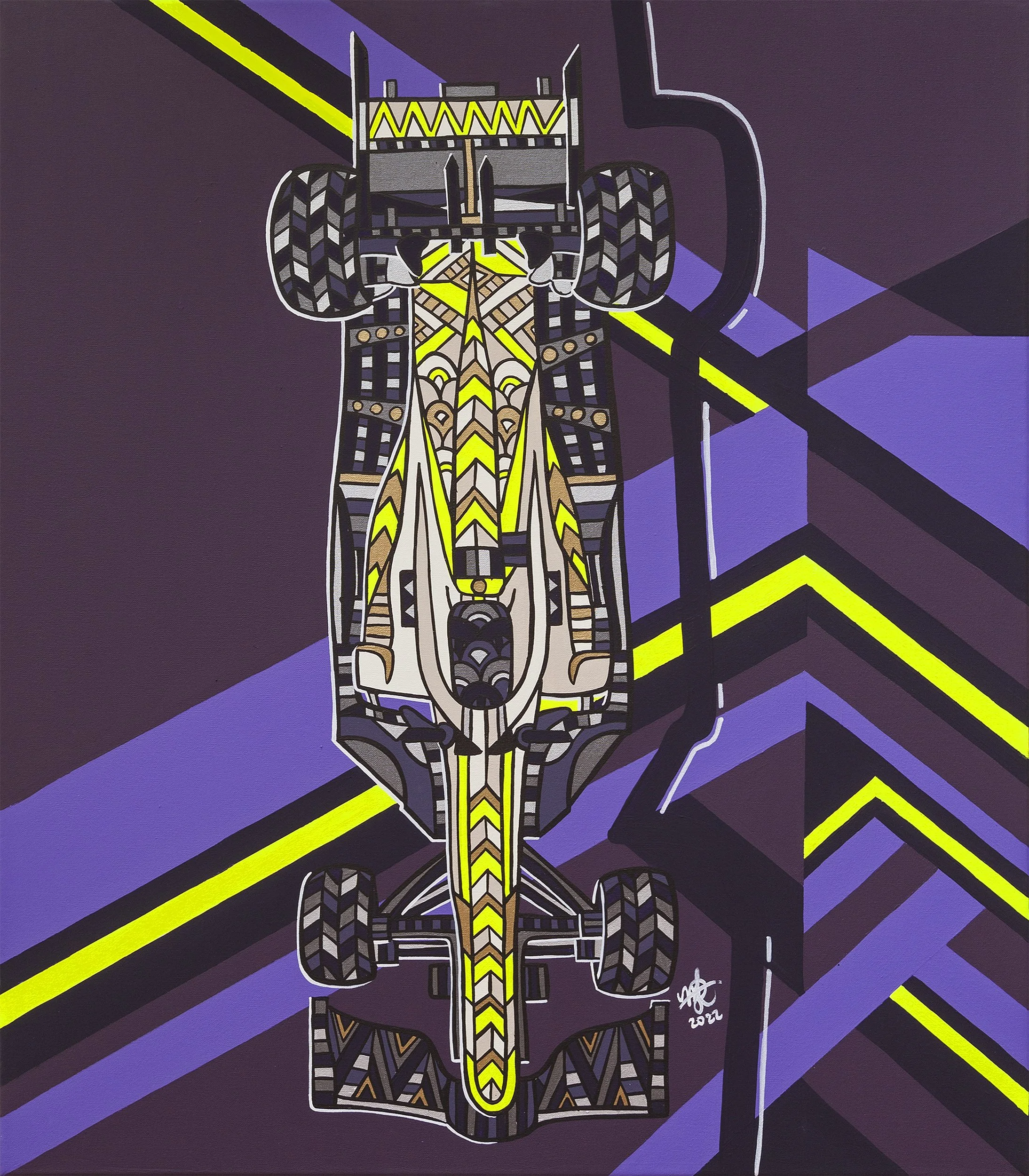 Stylized digital artwork of a race car viewed from above with purple and black geometric background and bright yellow accents.