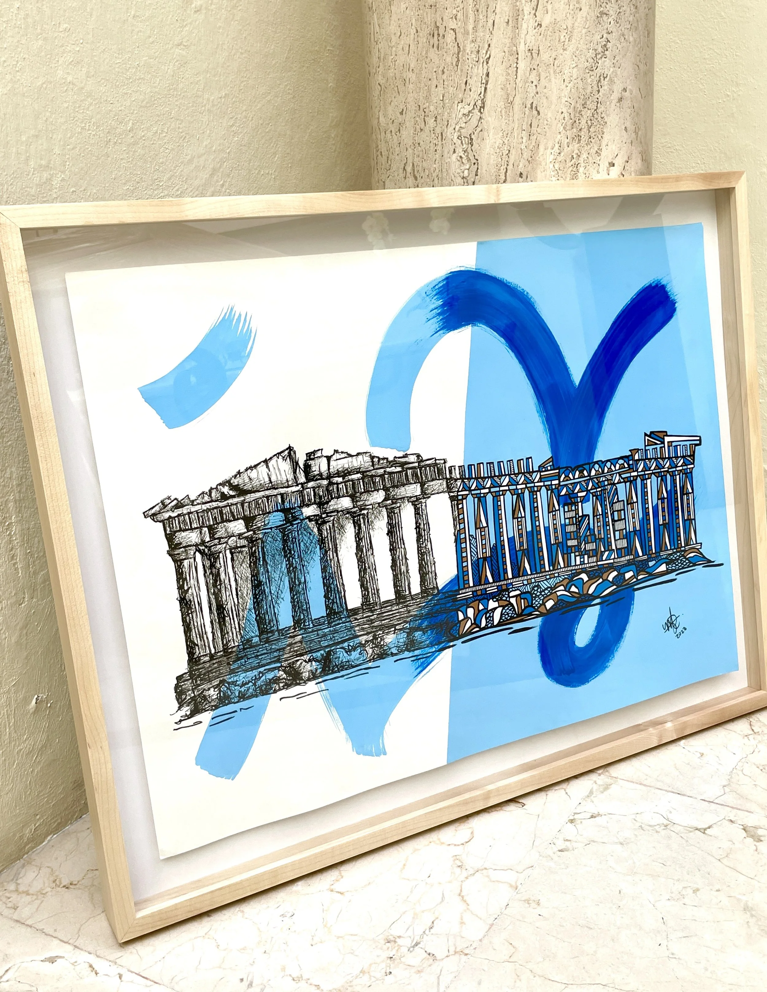 A framed artwork combining a sketch of the Parthenon with a drawing of a bridge, overlaid with large, bold blue brushstrokes and accents.