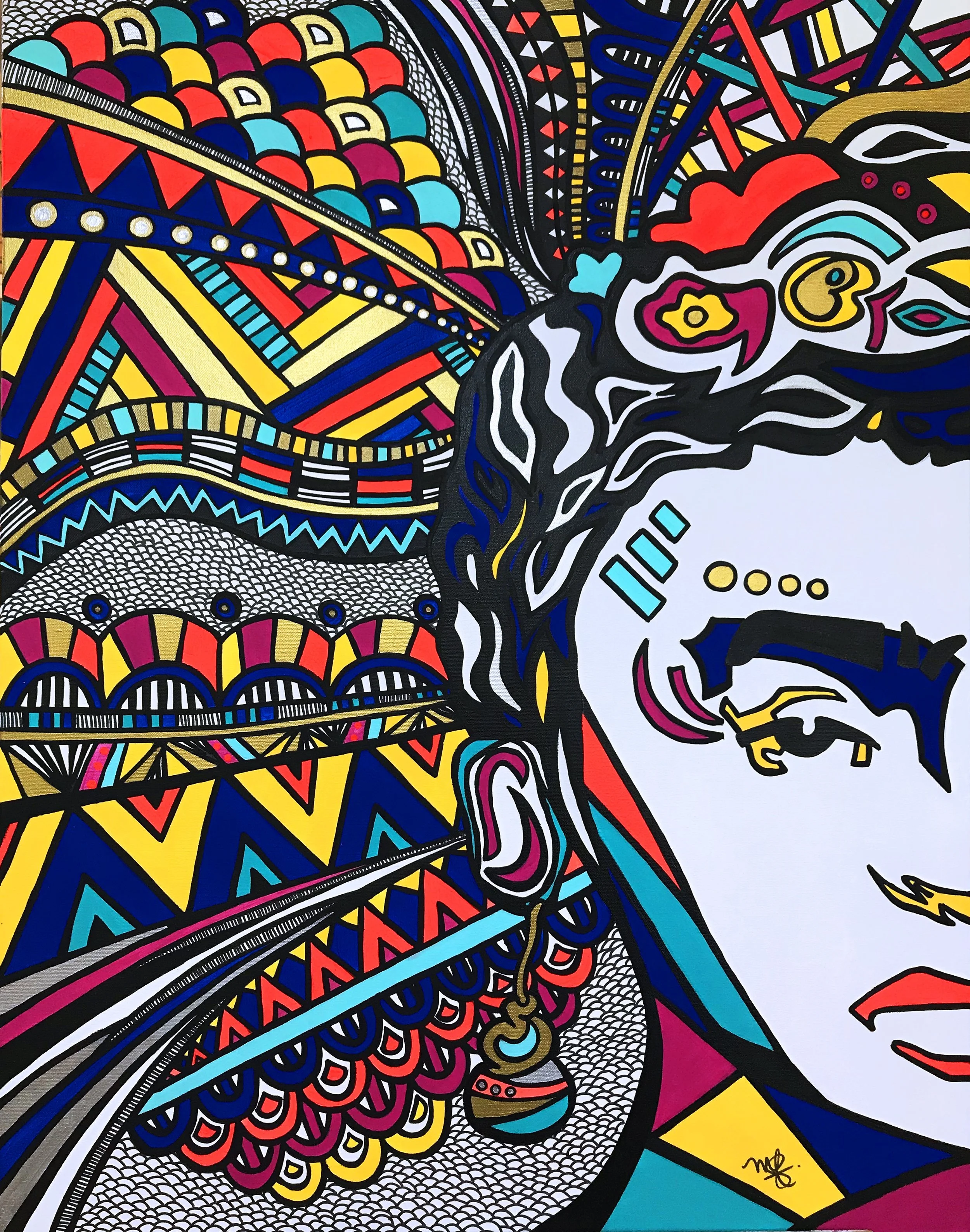 Colorful abstract artwork of a person's face with intricate patterns, shapes, and vibrant colors including yellow, red, blue, pink, and black.