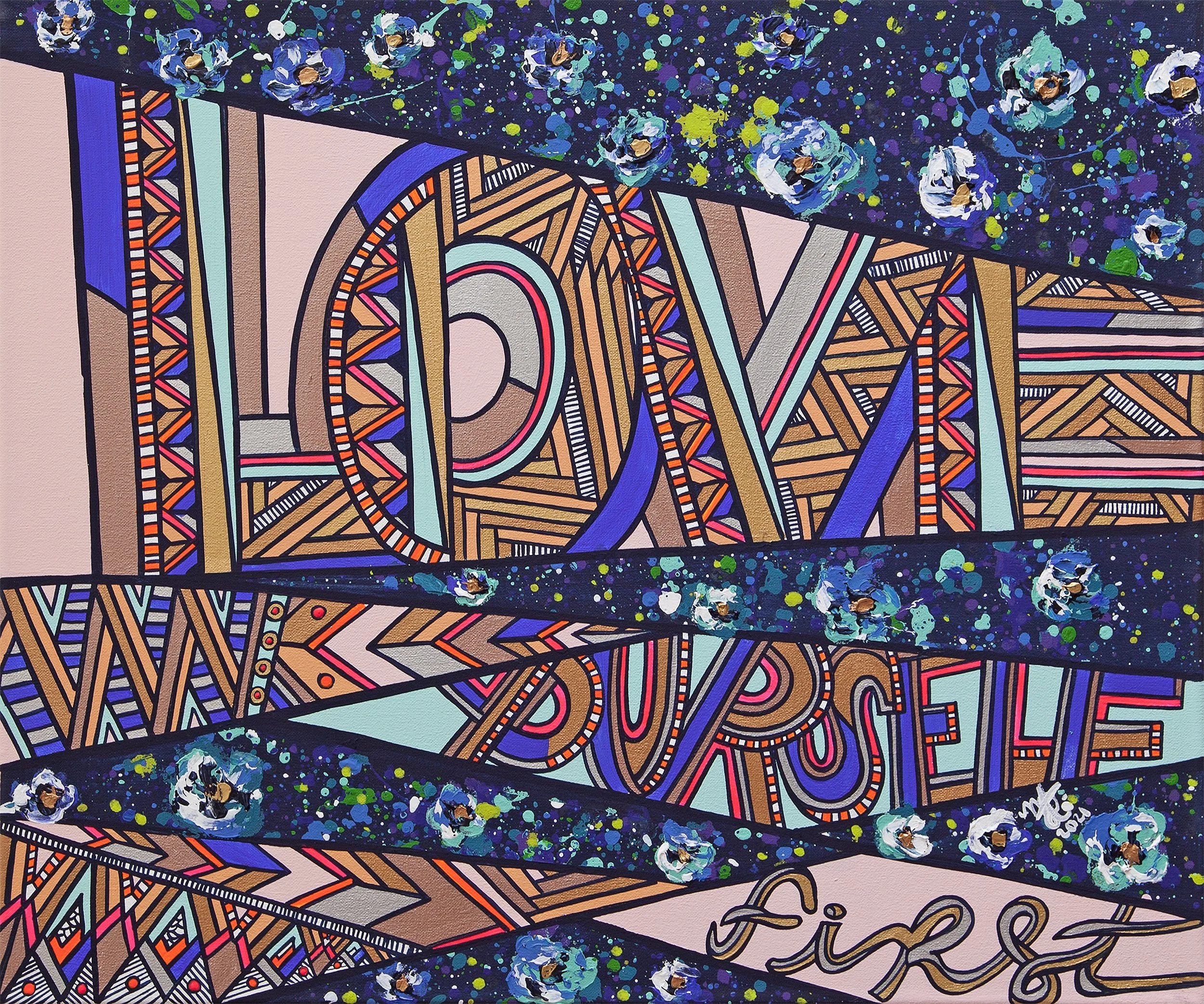 Colorful mural art featuring the words 'LOVE', 'SURGE', and 'fire' with abstract patterns, vibrant colors, and star-like splatters.