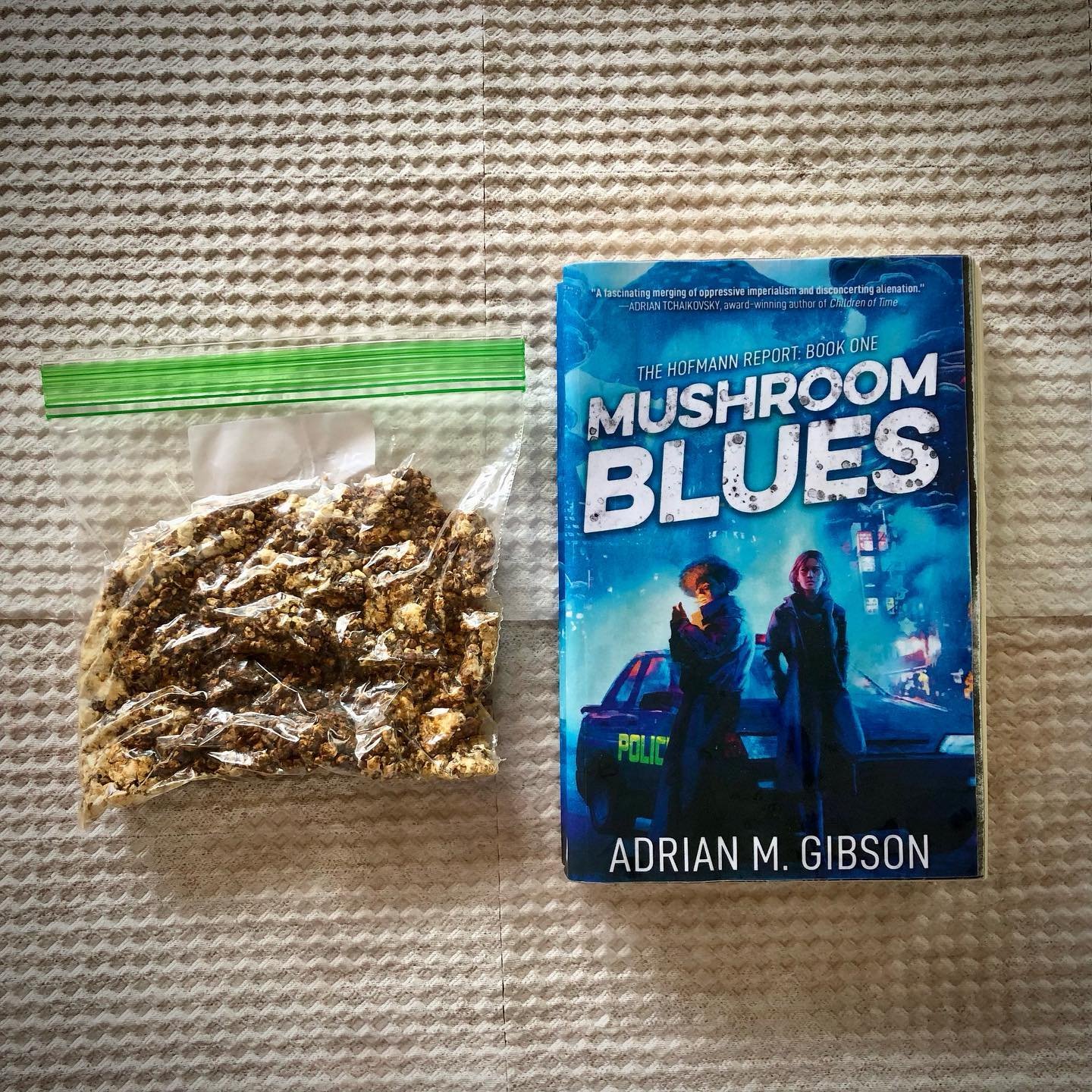A wet copy of #MushroomBlues sterilized with boiling water. A bag of spores. What could I be planning? 🤔