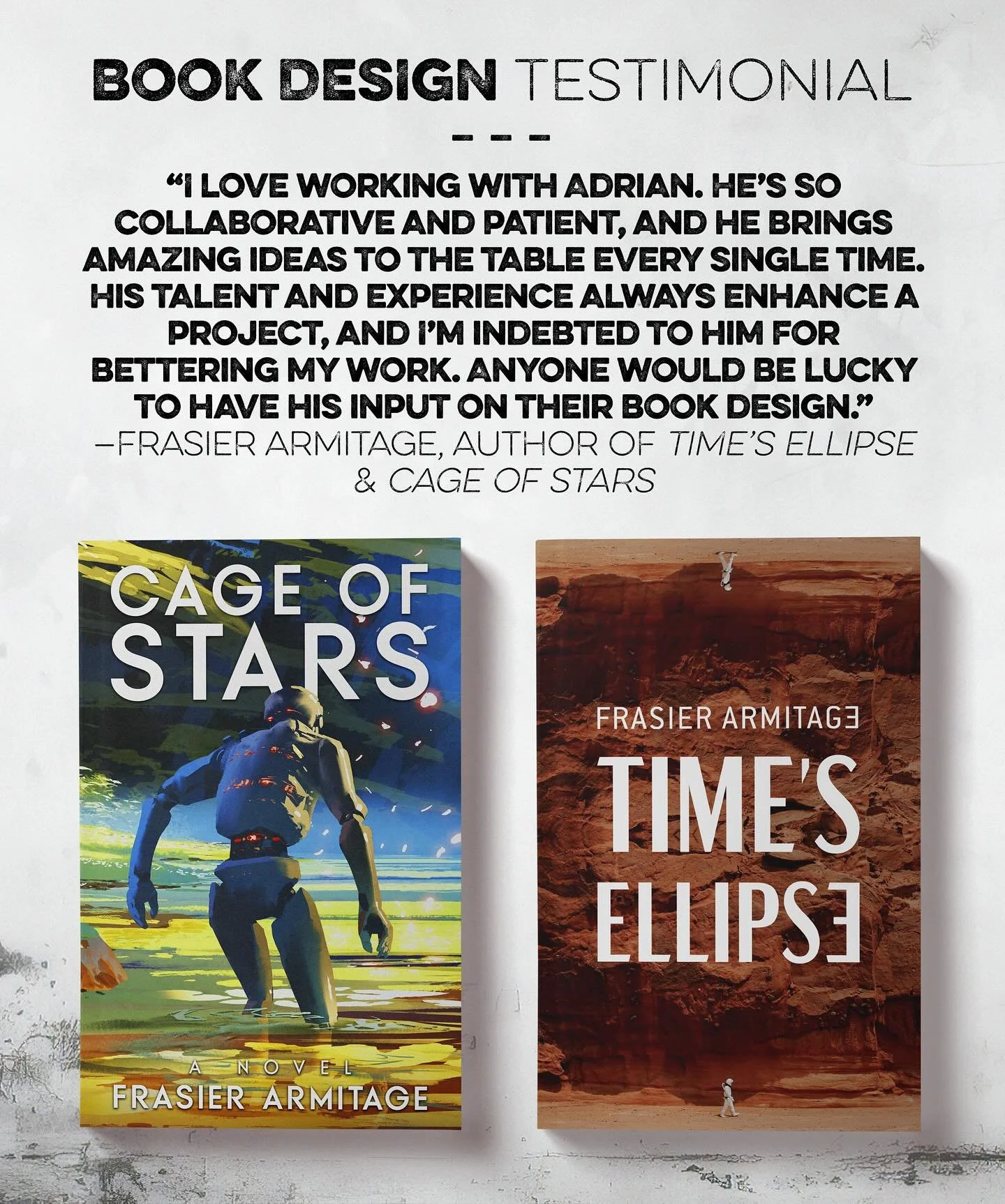 📚 BOOK DESIGN TESTIMONIAL 📚
Some truly kind words from author @frasierarmitage, who I&rsquo;ve done multiple book covers for, including Cage of Stars, Time&rsquo;s Ellipse and more.

Consider hiring me for your next project! DM or email me, or chec