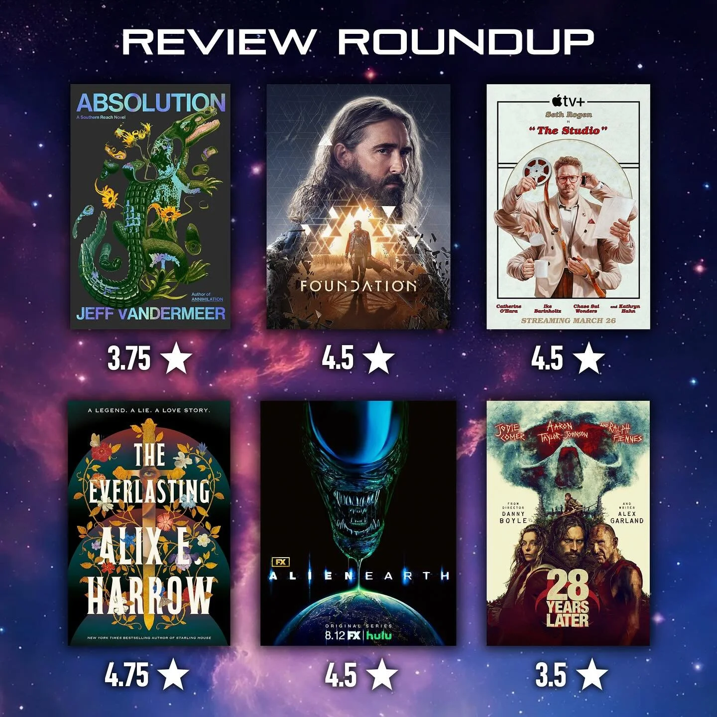 Catching up on my latest books/shows/films with a REVIEW ROUNDUP:
3.75⭐️ - Absolution by @jeff_vandermeer123 
4.5⭐️ - Foundation S03 
4.5⭐️ - The Studio S01
4.75⭐️ - The Everlasting by @alix.e.harrow 
4.5⭐️ - Alien: Earth S01
3.5⭐️ - 28 Years Later

