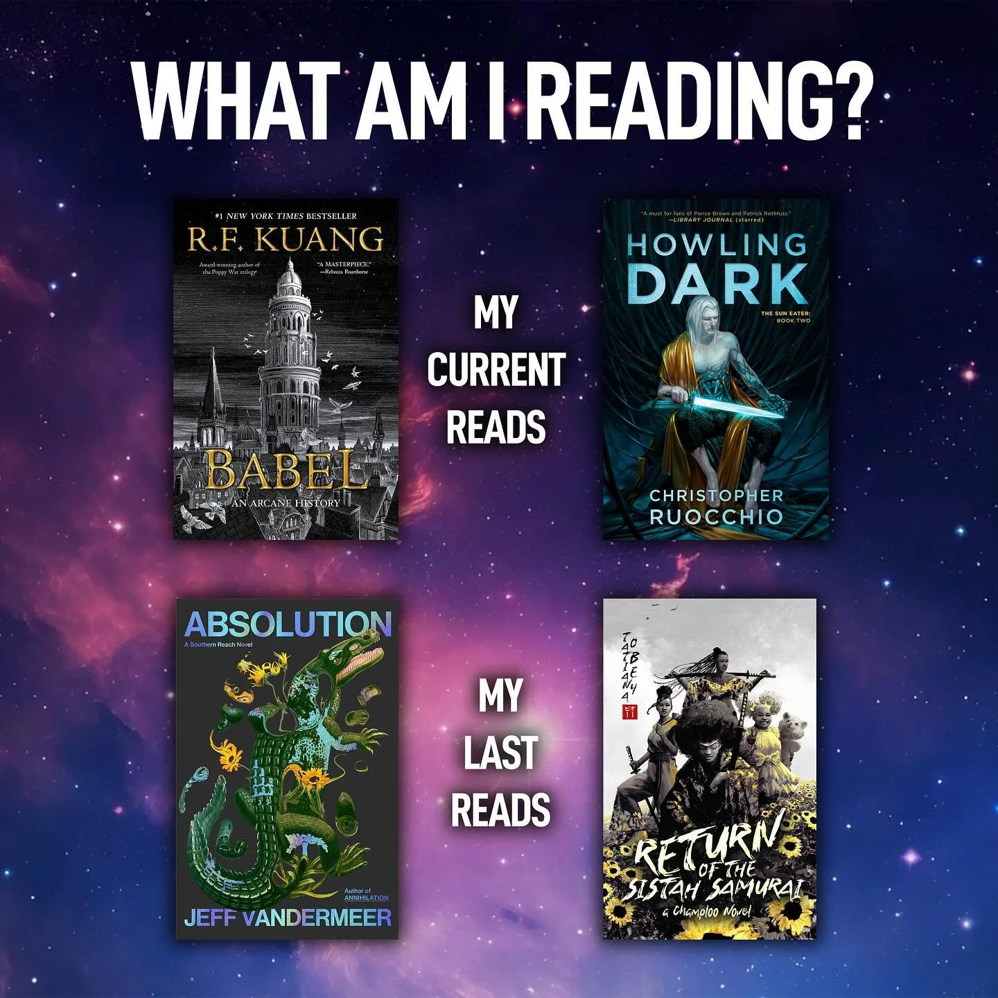 What are you all reading? This month, I finished both Absolution by @jeff_vandermeer123 and Return of the Sistah Samurai by @obeytheauthor, and I just started Babel by @kuangrf and Howling Dark by @the_ruocchio.
&bull;
&bull;
&bull;
#amreading #readi