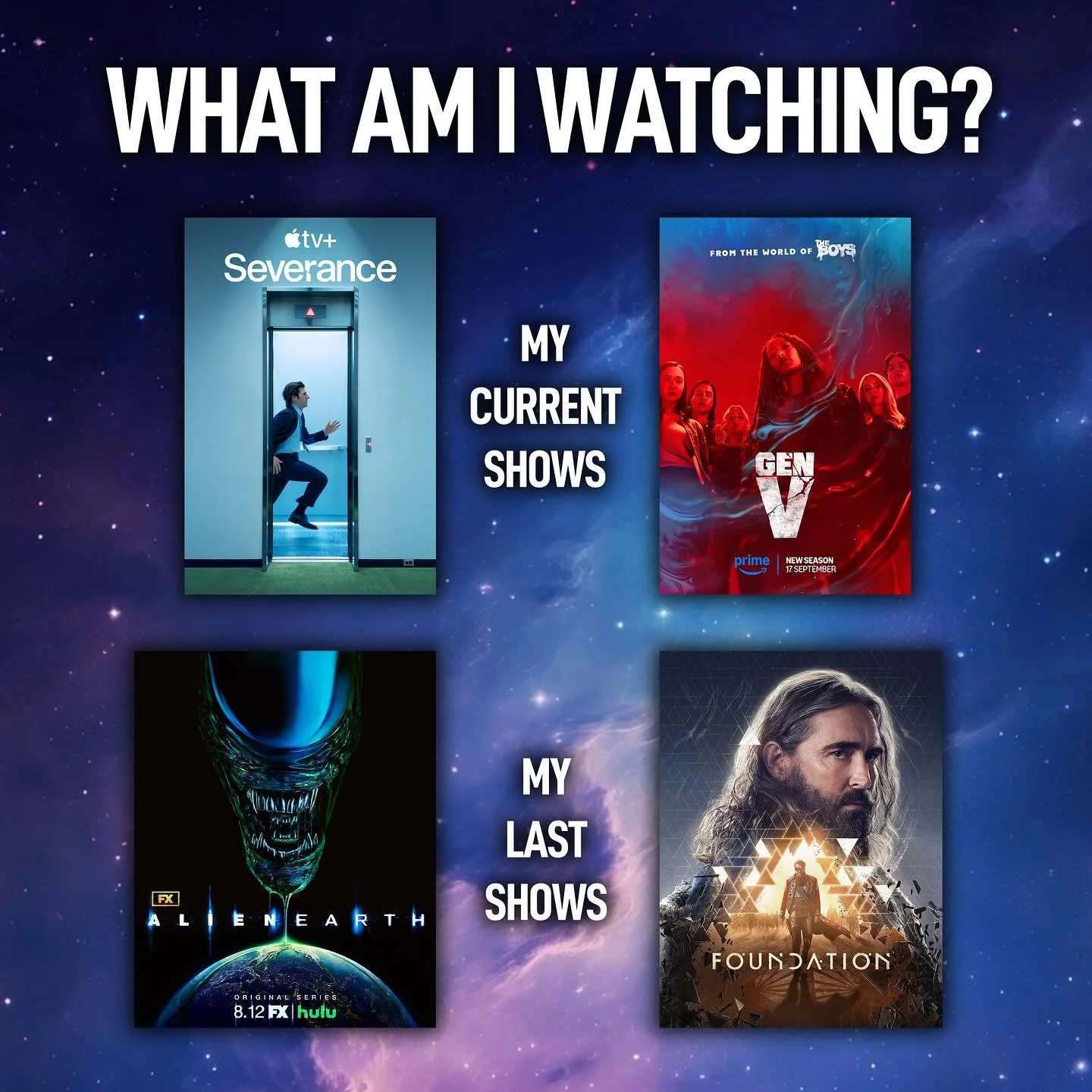 What are you all watching? I&rsquo;m halfway through S02 of both Severance (my mind breaks after every episode) and Gen V (sooooo much gore). I also recently wrapped up S03 of Foundation and S01 of Alien: Earth, both of which were EXCELLENT seasons o