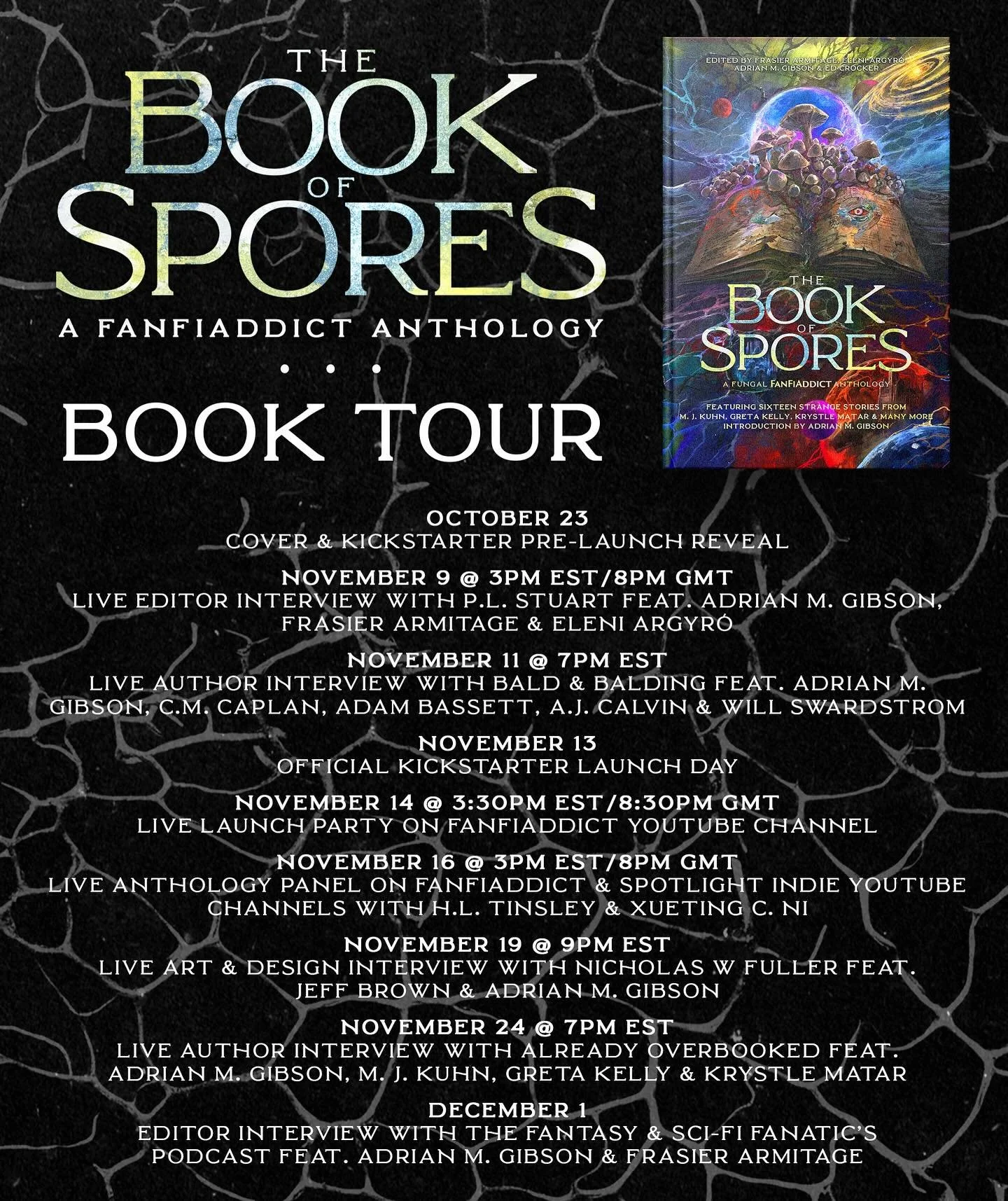 🍄 BOOK TOUR ANNOUNCEMENT 🍄
Hot on the heels of yesterday&rsquo;s INSANE cover reveal for THE BOOK OF SPORES anthology, I&rsquo;m excited to announce our virtual book tour! Join us Nov. 9-Dec. 1 for interviews with @p.l.stuart @authornicholaswfuller