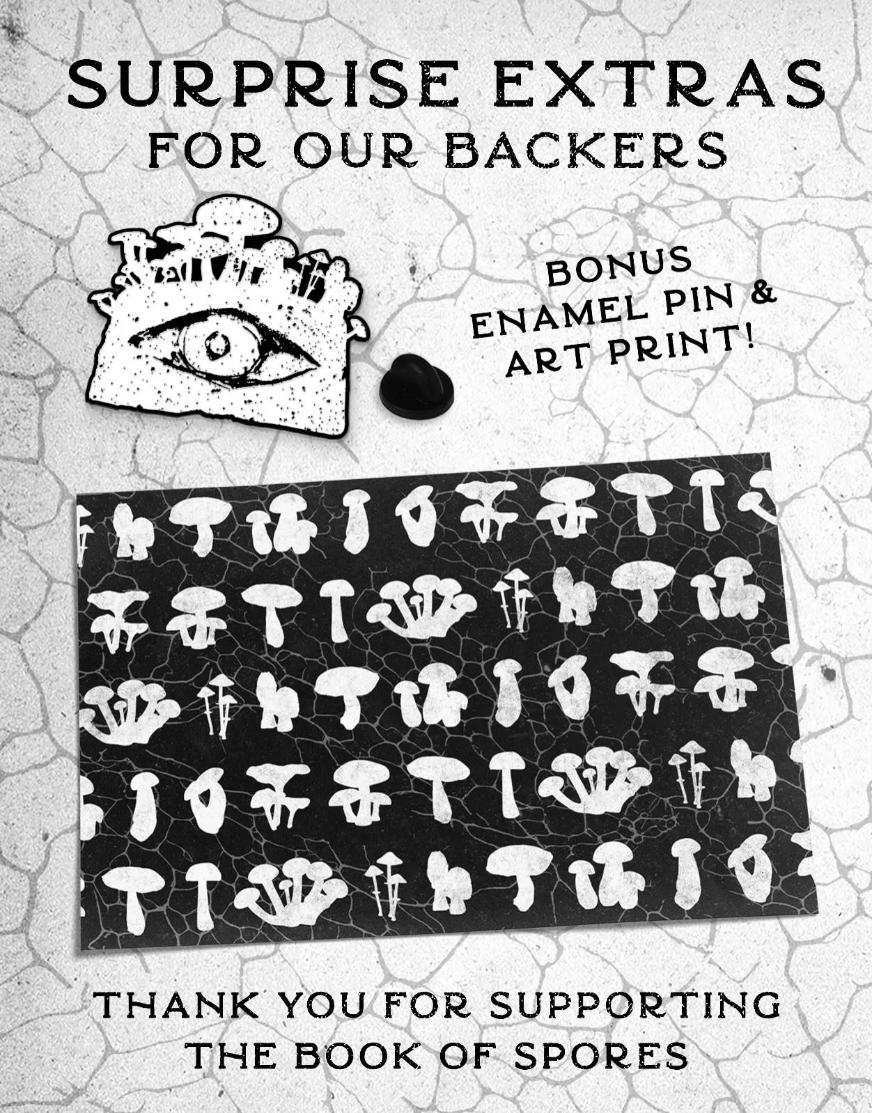 THE BOOK OF SPORES Kickstarter hit $40k!!!! As a thank you to all of our amazing backers, we&rsquo;ve added BONUS FREEBIES to the existing reward tiers. Many of you will now get a Book of Spores enamel pin and/or a mushroom silhouette art print FOR F
