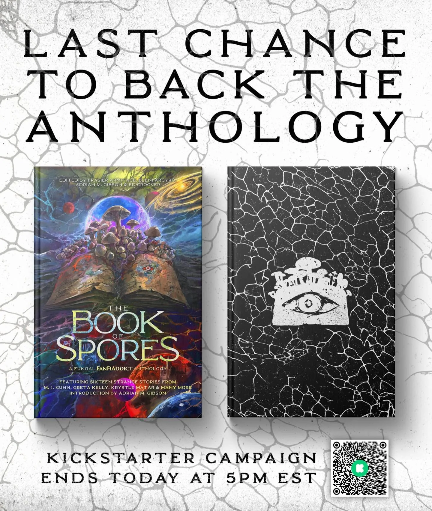 LAST CHANCE to back THE BOOK OF SPORES anthology on Kickstarter!!! The campaign wraps up in less than 4 hours, at 5pm EST, so head to the project page and back however you can. Thank you so much for the support 🍄

Back the project on Kickstarter BEF