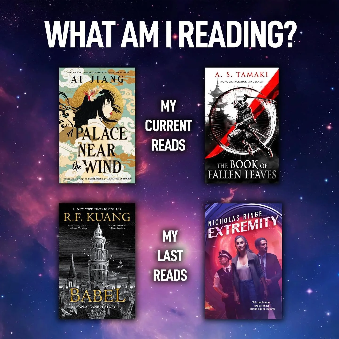 What are you all reading? This month, I finished the excellent Babel by @kuangrf and Extremity by @nickbinge, and I just started A Palace Near the Wind by @ai.jian.g and The Book of Fallen Leaves by @alex.tamaki.
&bull;
&bull;
&bull;
#amreading #read
