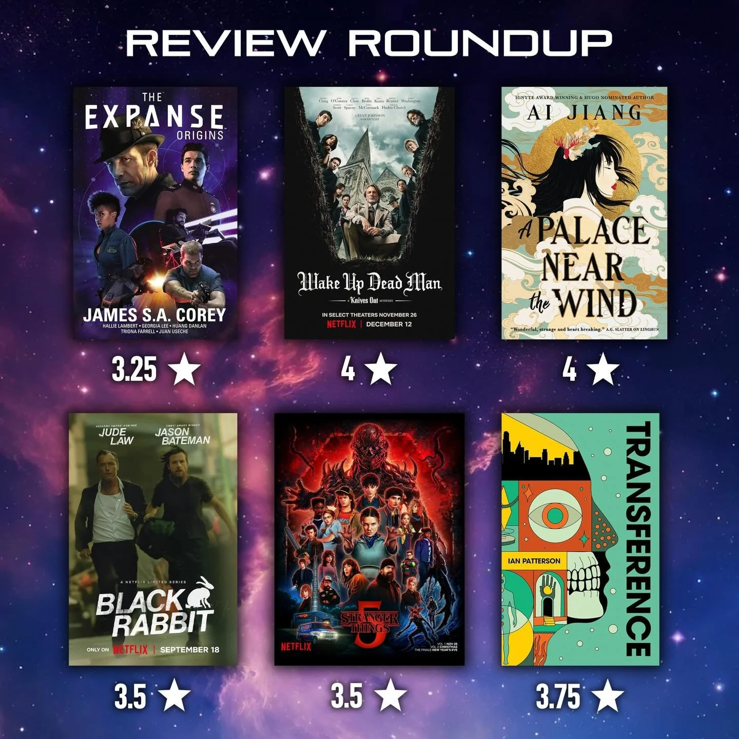 Catching up on my latest books/shows/movies/comics with a REVIEW ROUNDUP:
3.25⭐️ - The Expanse: Origins (comic)
4⭐️ - Wake Up Dead Man
4⭐️ - A Palace Near the Wind by @ai.jian.g 
3.5⭐️ - Black Rabbit
3.5⭐️ - Stranger Things S05
3.75⭐️ - Transference 