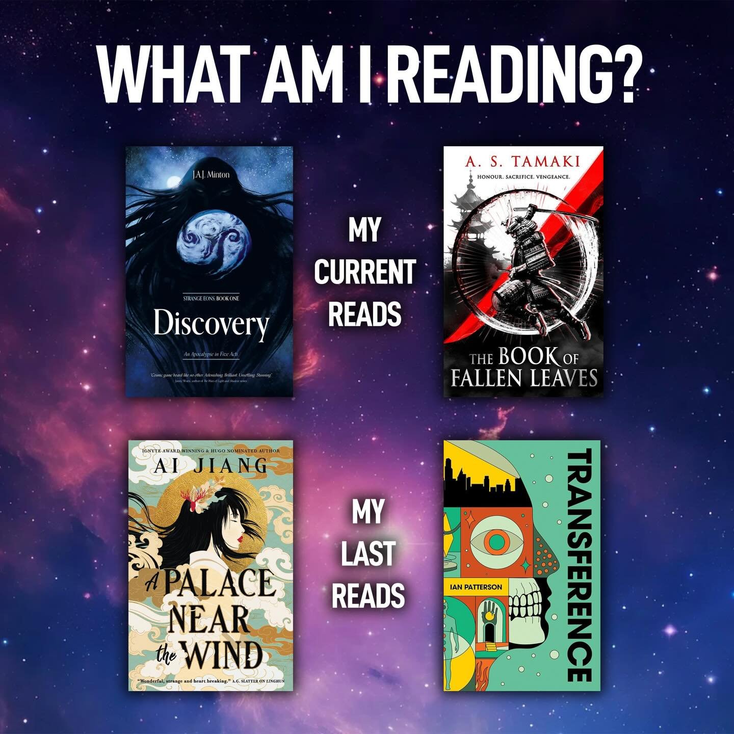 What are you all reading? This month, I finished A Palace Near the Wind by @ai.jian.g and Transference by @naisemaj, both of which were so unique and enjoyable. As well, I just started Discovery by @jajminton and I&rsquo;m halfway through excellent a