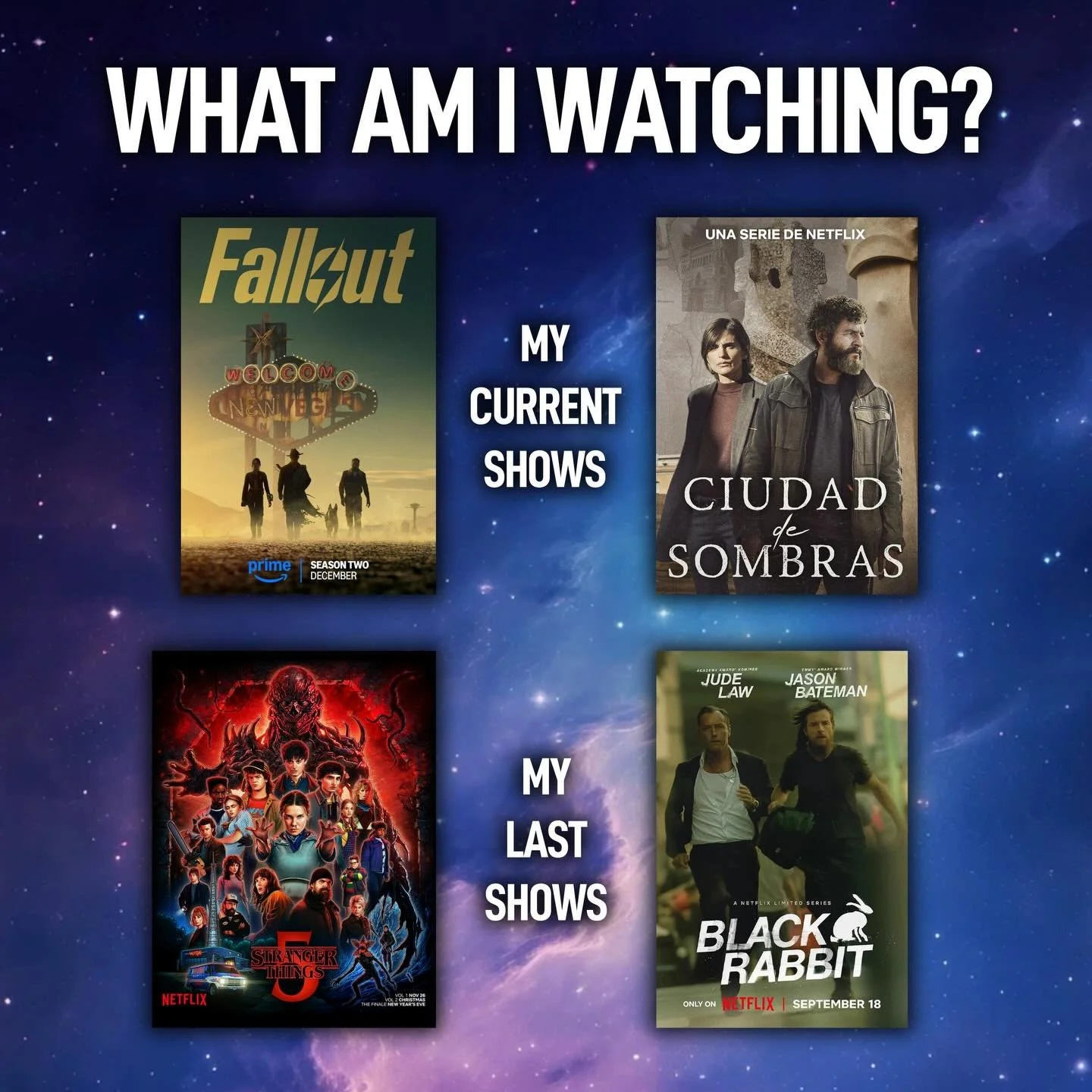 What are you all watching? I&rsquo;ve finished all of @strangerthingstv S05 and the Black Rabbit limited series (mixed feelings on both), and I&rsquo;m halfway through @fallout S02 and the first few episodes of Ciudad de Sombras (City of Shadows), bo