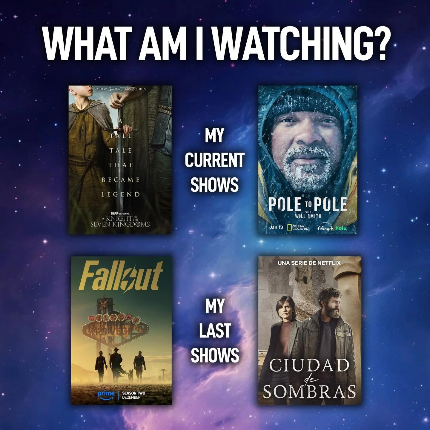What are you all watching? I recently finished both Ciudad de Sombras (an excellent police procedural) and S02 of Fallout (a solid season despite pacing issues). Now, I&rsquo;m deep into A Knight of the Seven Kingdoms and wrapping up the final episod