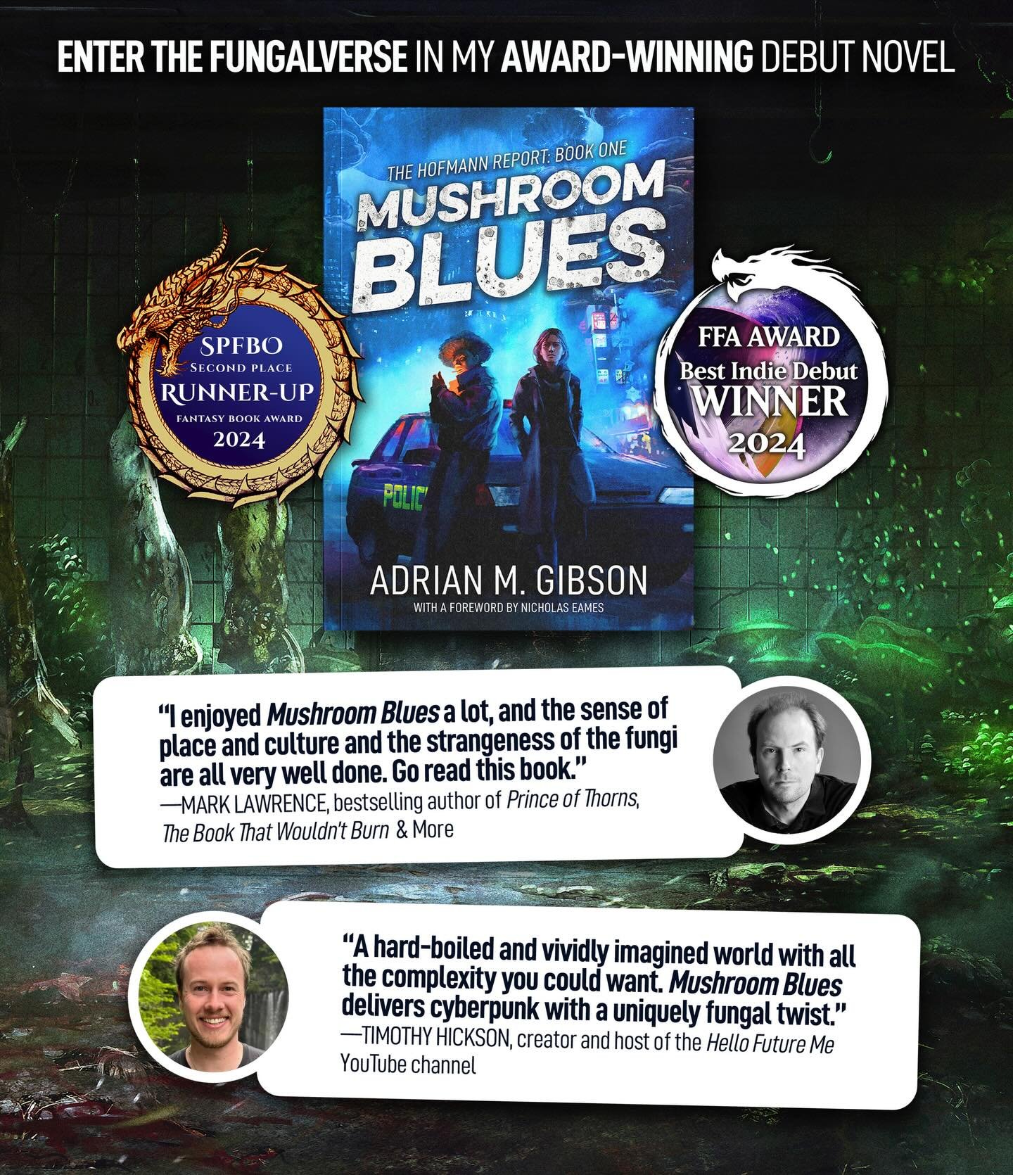 With more Fungalverse stories coming this year, it&rsquo;s a perfect time to enter my weird shared universe with MUSHROOM BLUES! My award-winning fungal noir debut has also been praised by numerous authors and creators, including @mark___lawrence (it