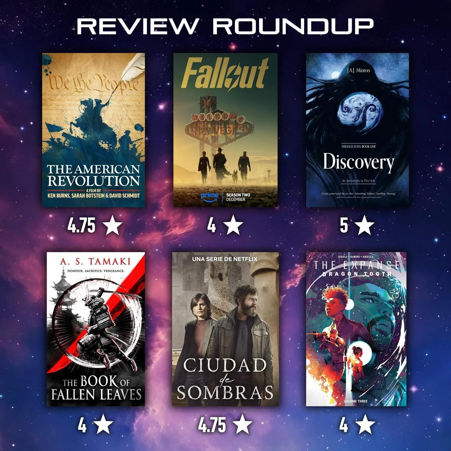 Catching up on my latest books/shows/comics with a REVIEW ROUNDUP:
4.75⭐️ - The American Revolution (documentary)
4⭐️ - Fallout S02
5⭐️ - Discovery by @jajminton 
4⭐️ - The Book of Fallen Leaves by @alex.tamaki 
4.75⭐️ - Ciudad de Sombras S01
4⭐️ - T