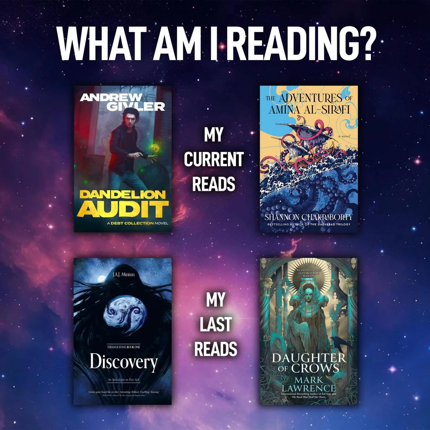 What are you all reading? This past month, I finished the excellent Discovery by @jajminton and Daughter of Crows by @mark___lawrence. Currently, I&rsquo;m in the first quarter of both Dandelion Audit by @sigils and The Adventures of Amina al-Sirafi 