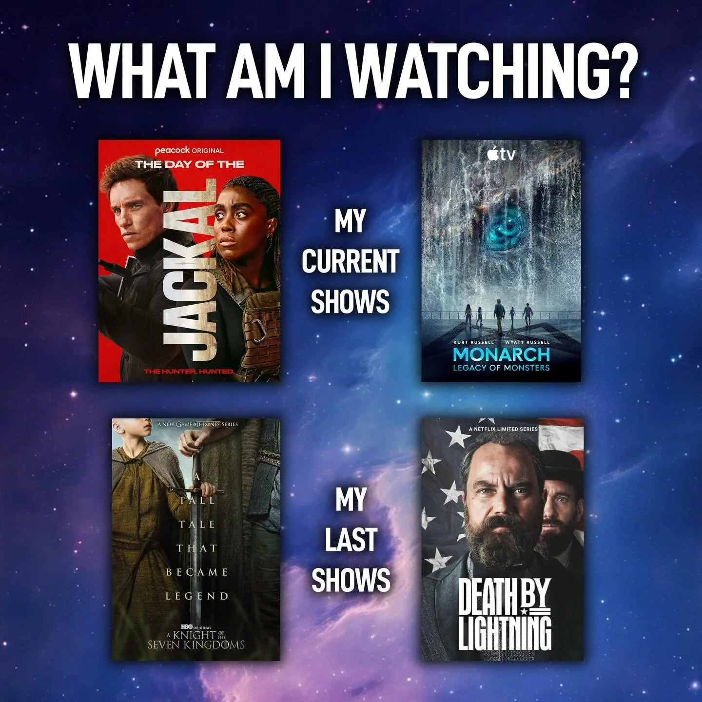 What are you all watching? I recently finished A Knight of the Seven Kingdoms S01 and Death By Lightning, both of which were fantastic. Now, I&rsquo;m just starting The Day of the Jackal (recommended to me by @bengalleyauthor) and Monarch: Legacy of 