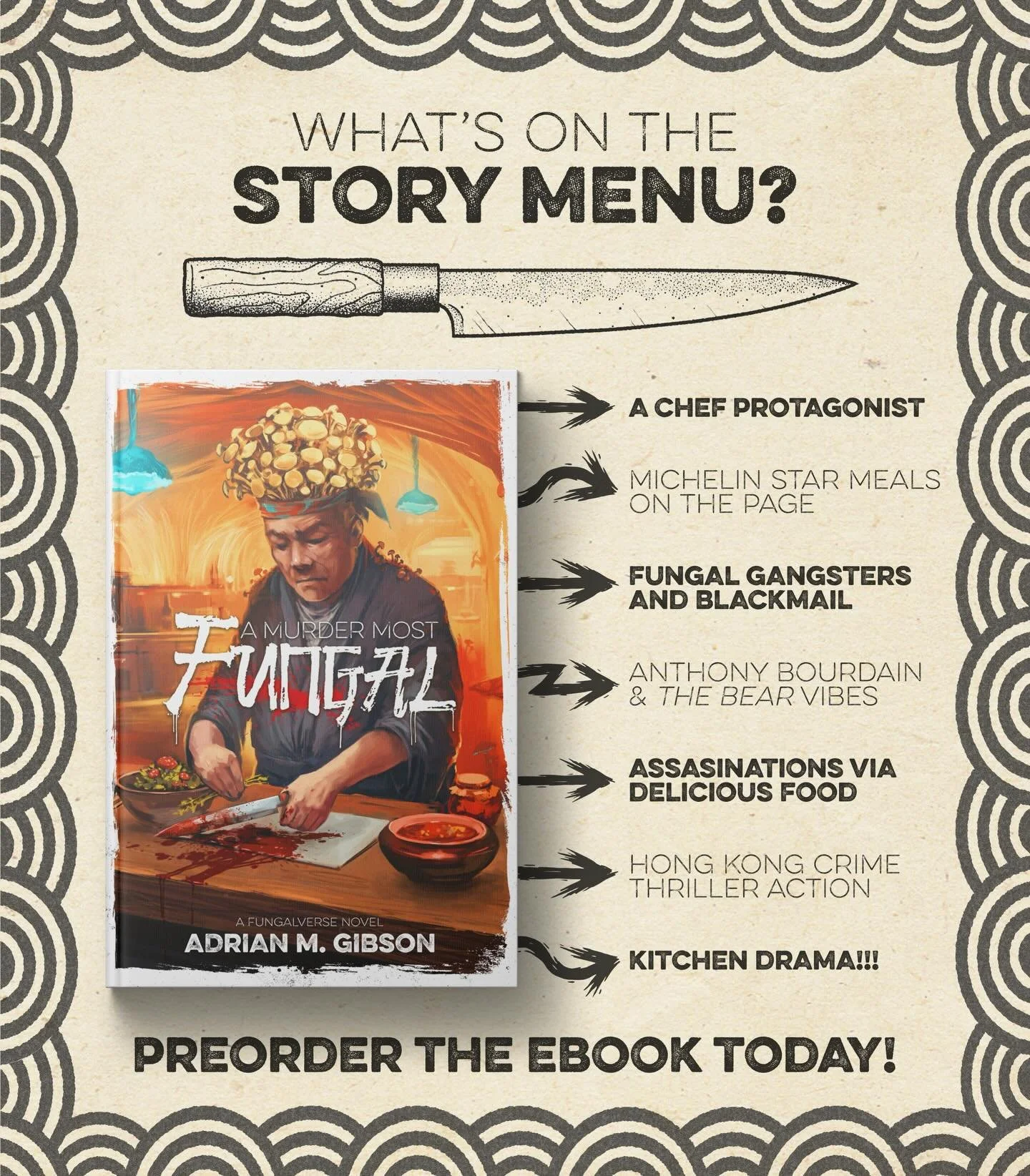 🥢 WHAT&rsquo;S ON THE STORY MENU? 🍣
Curious about what you can expect from my upcoming Fungalverse standalone novel A Murder Most Fungal? Take a look at the menu below to see if this sumptuous ̶m̶e̶a̶l̶ story is for you!

A Murder Most Fungal launc