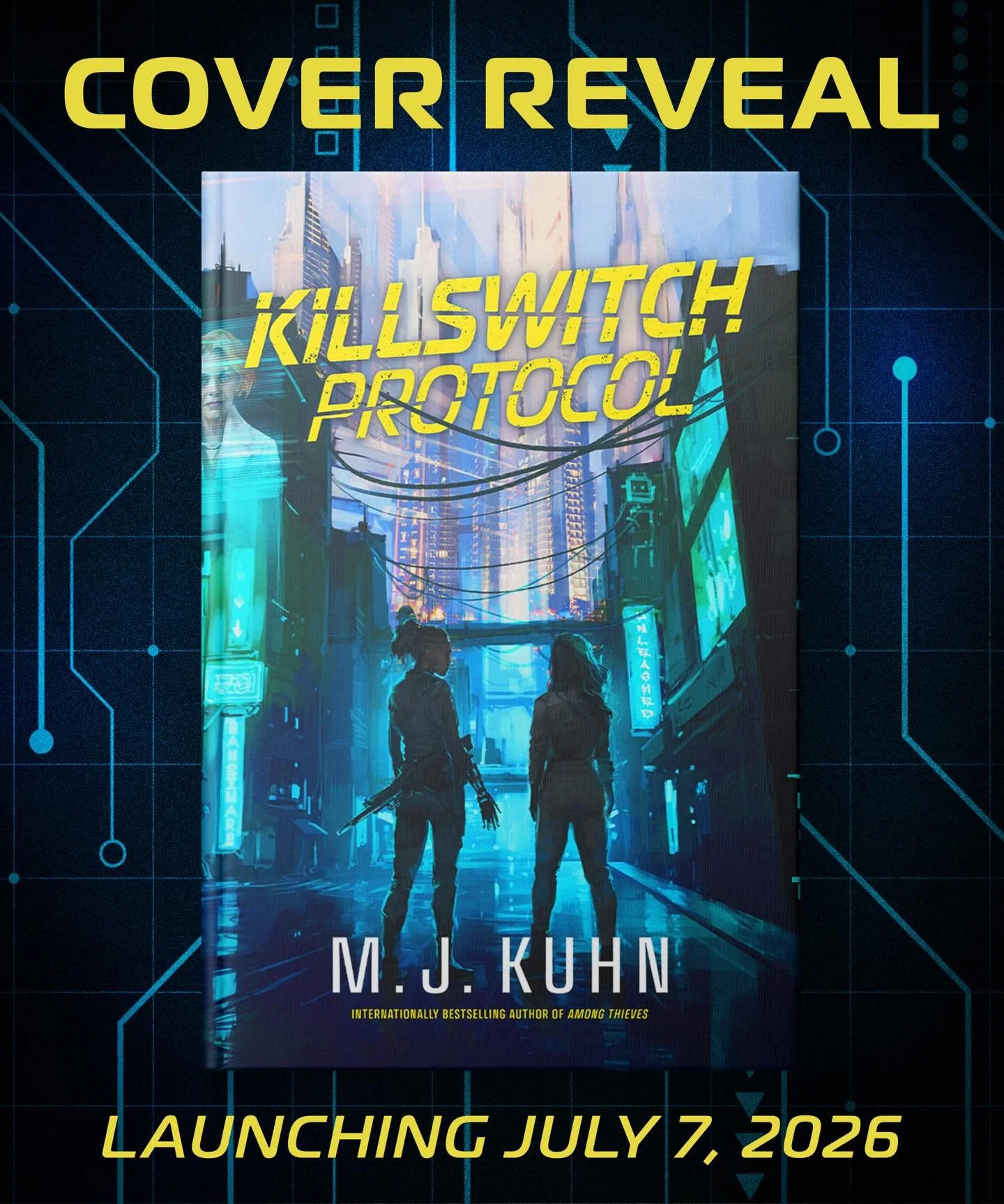 We are beyond excited to help reveal the GORGEOUS cover for our very own @mjkuhnbooks&rsquo; new cyberpunk novel KILLSWITCH PROTOCOL, which releases on July 7th!!! Enter into a futuristic world of corporate greed, black market cybernetics and techno-