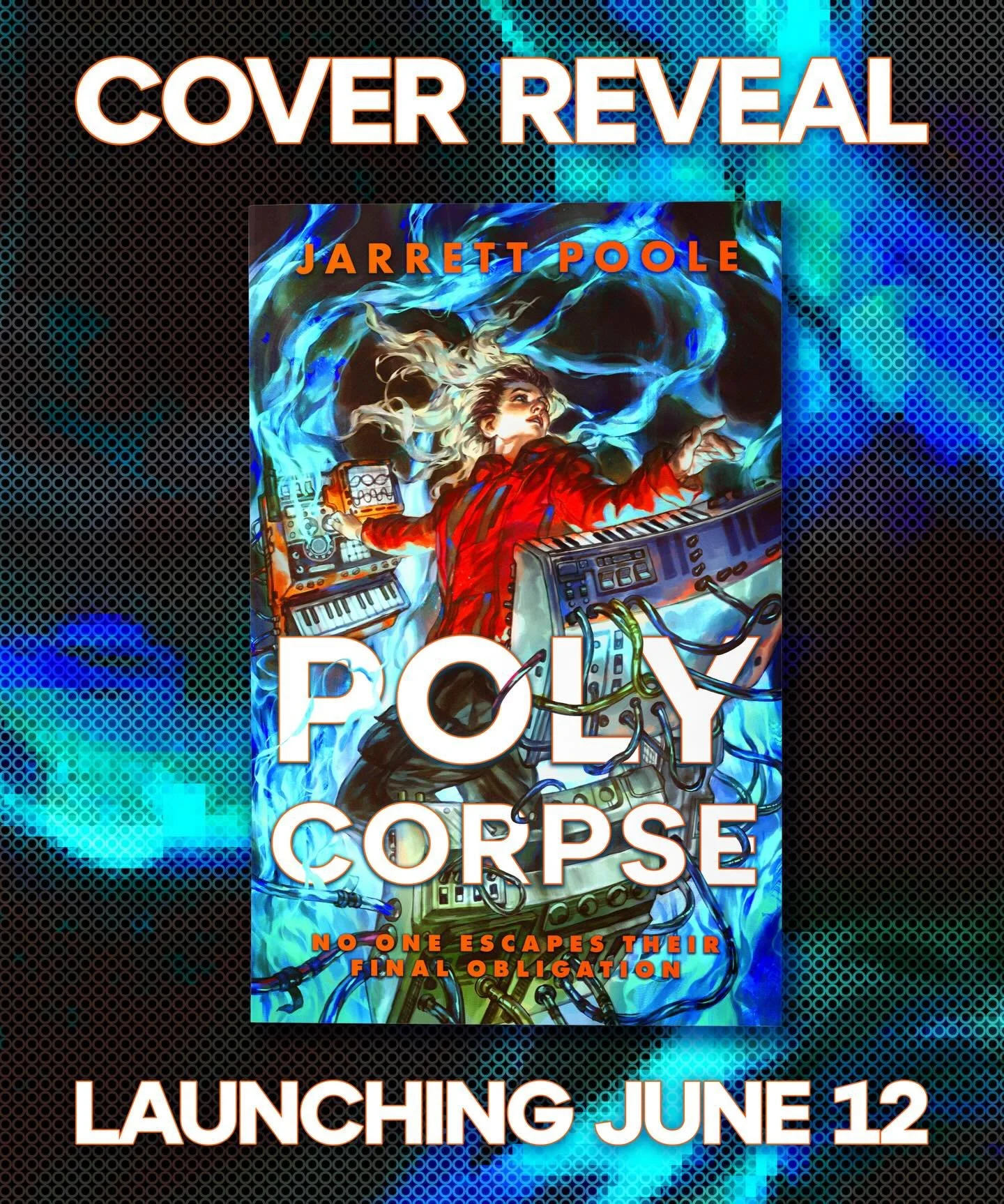 🎹 COVER REVEAL 🎹
We are ecstatic to help reveal the cover for @jarrett_van&rsquo;s debut novel POLYCORPSE, which releases on June 12th!!! PolyCorpse is a necropunk dystopian novel inspired by music, &lsquo;90s technology, and necromancy, perfect fo