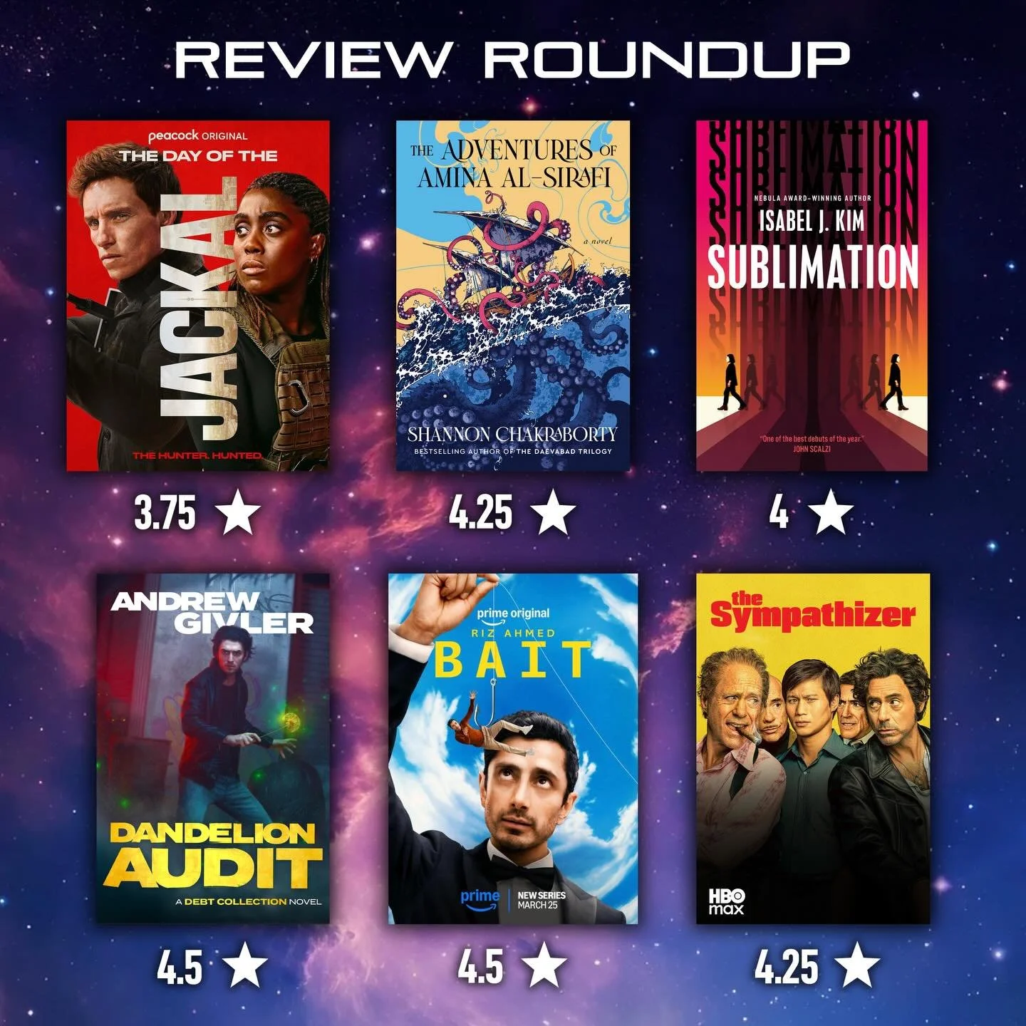 Catching up on my latest book/shows with a REVIEW ROUNDUP:
3.75⭐️ - The Day of the Jackal S01
4.25⭐️ - The Adventures of Amina al-Sirafi by @sachakrabooks 
4⭐️ - Sublimation by @isabeljkim 
4.5⭐️ - Dandelion Audit by @sigils 
4.5⭐️ - Bait S01
4.25⭐️ 