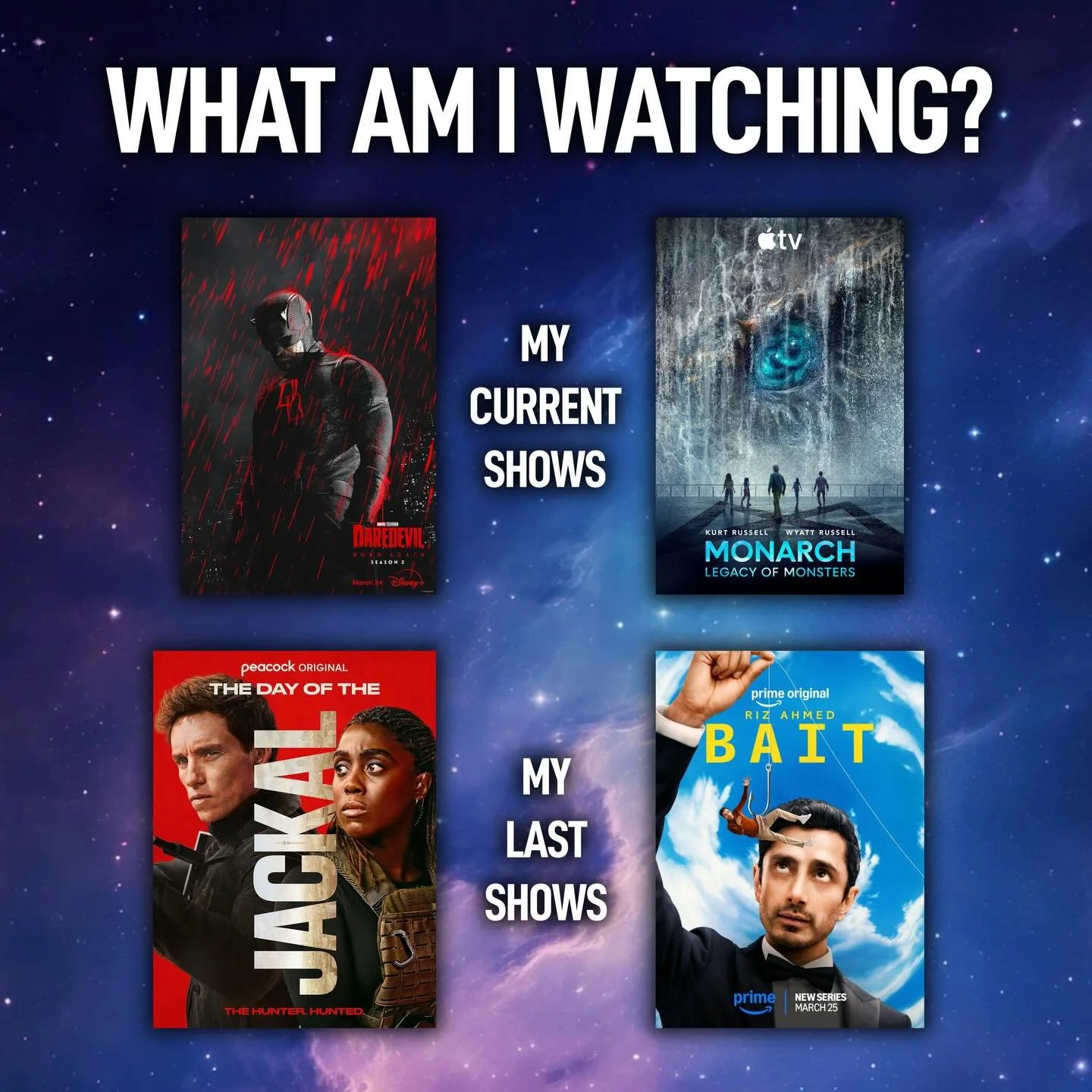What are you all watching? I recently finished The Day of the Jackal S01 and Bait S01 (the former was pretty good and the latter was excellent). Now, I&rsquo;m deep into Monarch: Legacy of Monsters S02 and Daredevil: Born Again S02.
&bull;
&bull;
&bu