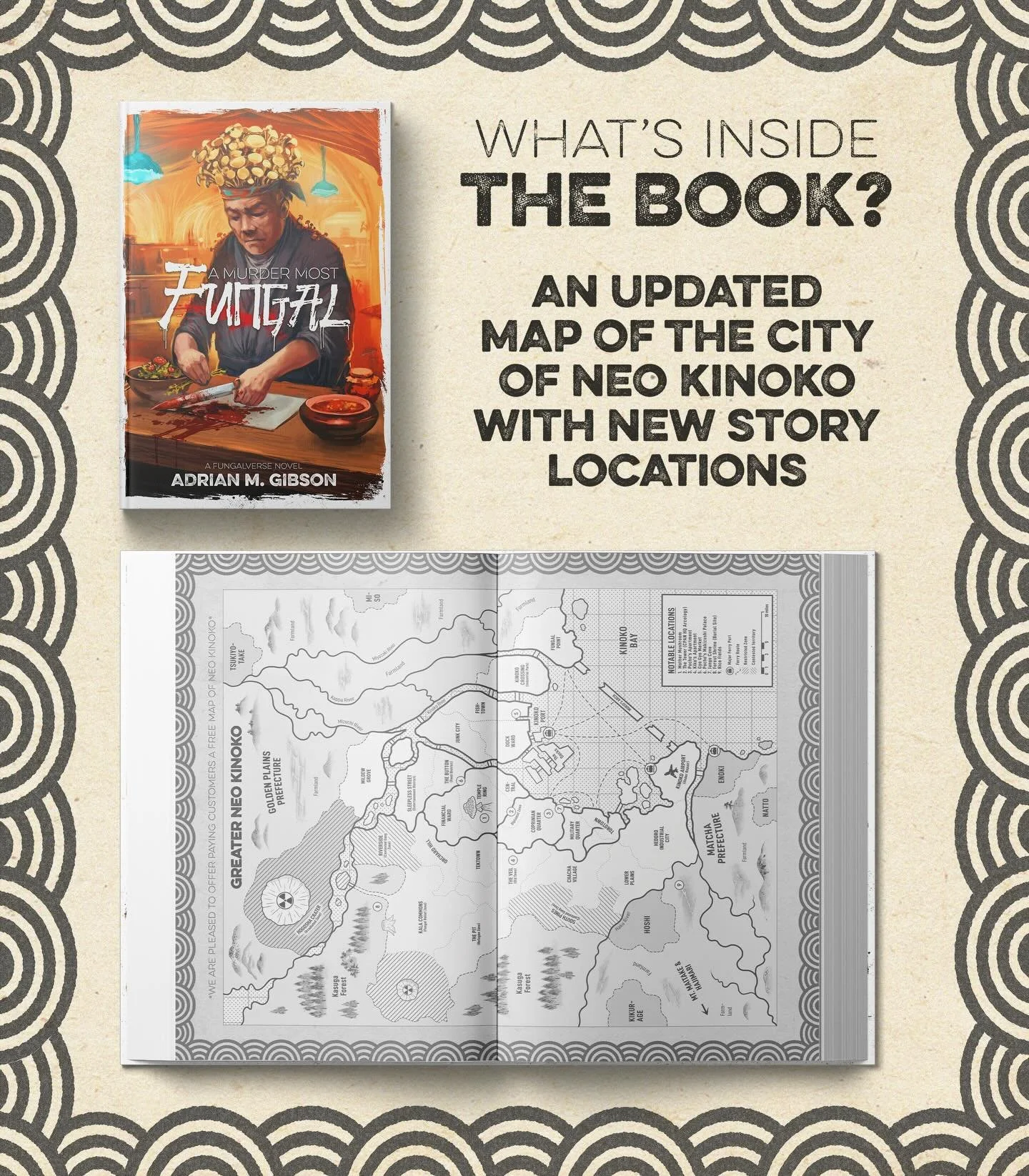 🔪 WHAT&rsquo;S INSIDE THE BOOK? 🍣
I&rsquo;m going all out with the interior of my upcoming Fungalverse standalone novel A MURDER MOST FUNGAL, including custom restaurant menu borders and an updated map of the mushroom metropolis of Neo Kinoko (with