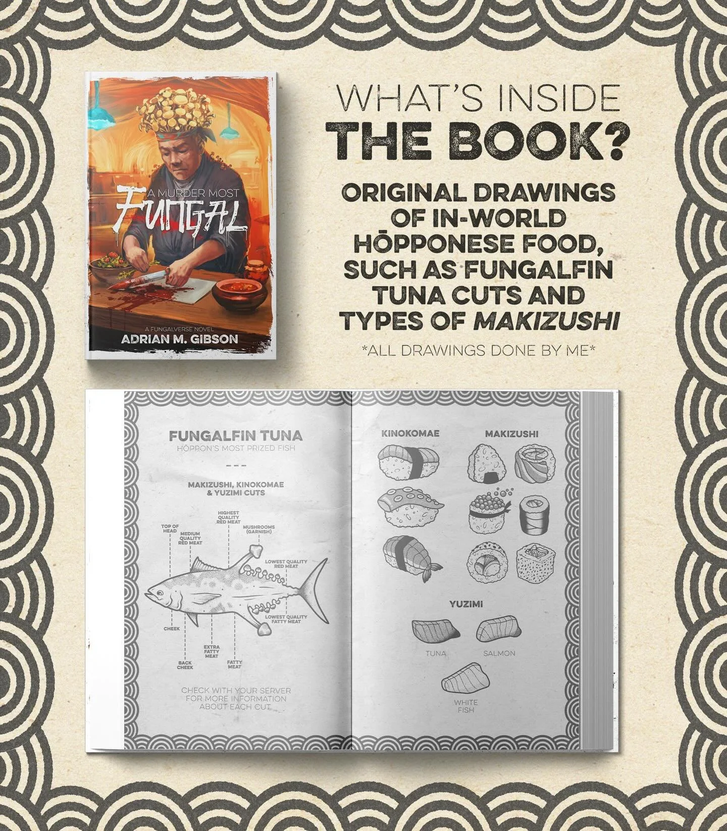 🔪 WHAT&rsquo;S INSIDE THE BOOK? 🍄
Every edition of my Fungalverse standalone novel A MURDER MOST FUNGAL will feature original illustrations drawn by me, including in-world food like the fungalfin tuna and varieties of makizushi (sushi) 🍣

A Murder