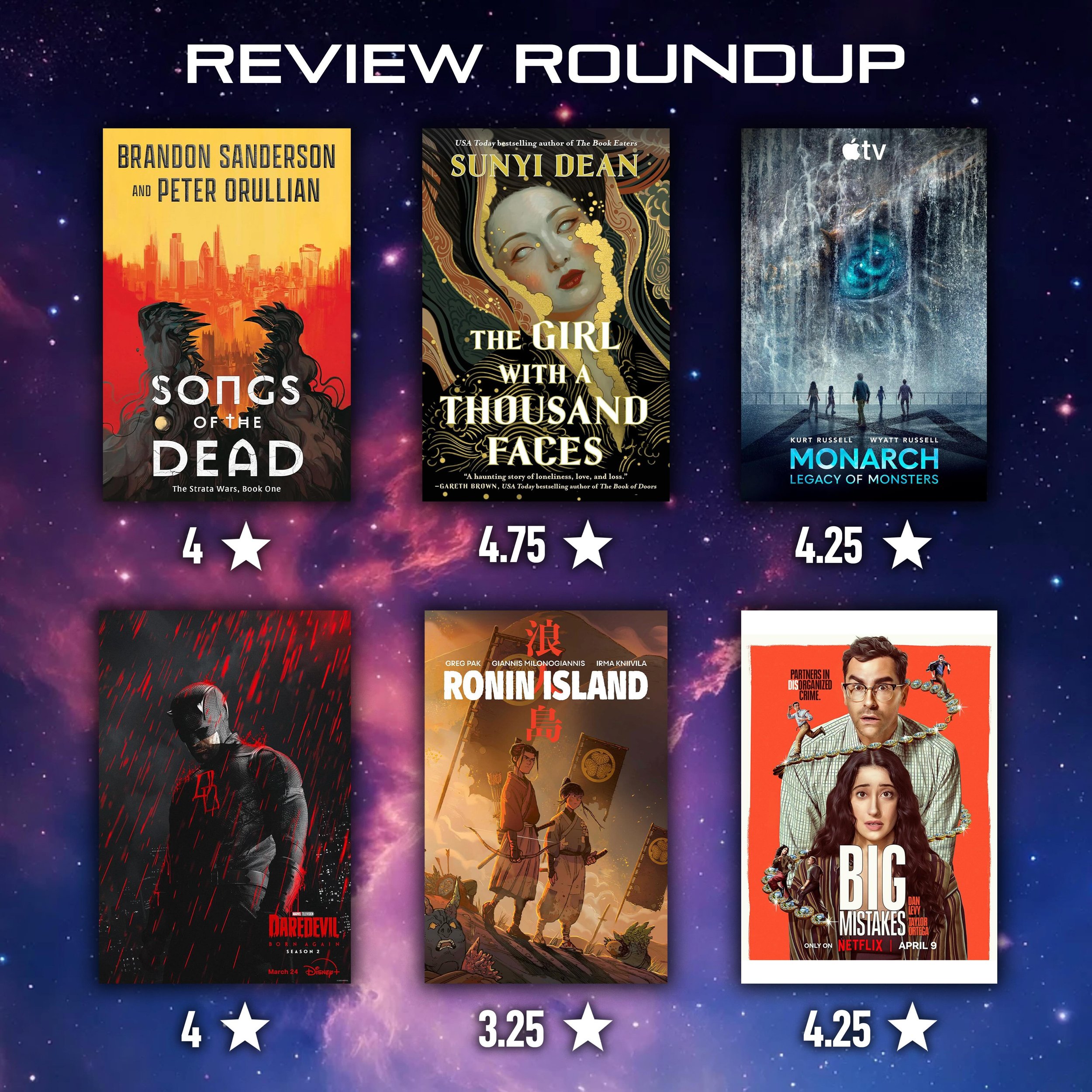 Catching up on my latest book/shows/comics with a REVIEW ROUNDUP:
4⭐️ - Songs of the Dead by @brandsanderson &amp; @peterorullian 
4.75⭐️ - The Girl with a Thousand Faces by @sunyidean 
4.25⭐️ - Monarch: Legacy of Monsters S02
4⭐️ - Daredevil: Born A