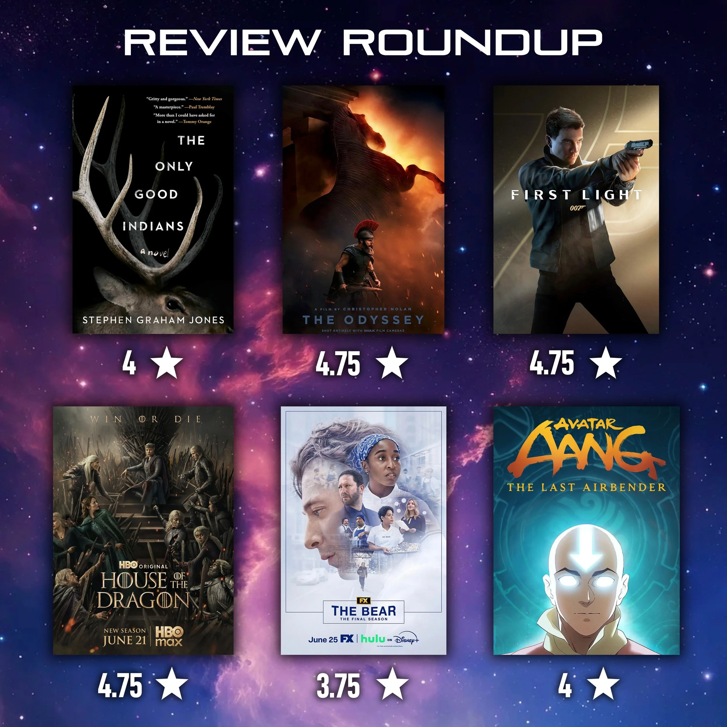 Catching up on my latest books/shows/films/games with a REVIEW ROUNDUP:
4⭐️ - The Only Good Indians by @stephengrahamjones 
4.75⭐️ - The Odyssey
4.75⭐️ - 007 First Light
4.75⭐️ - House of the Dragon S03
3.75⭐️ - The Bear S05
4⭐️ - Avatar Aang: The La