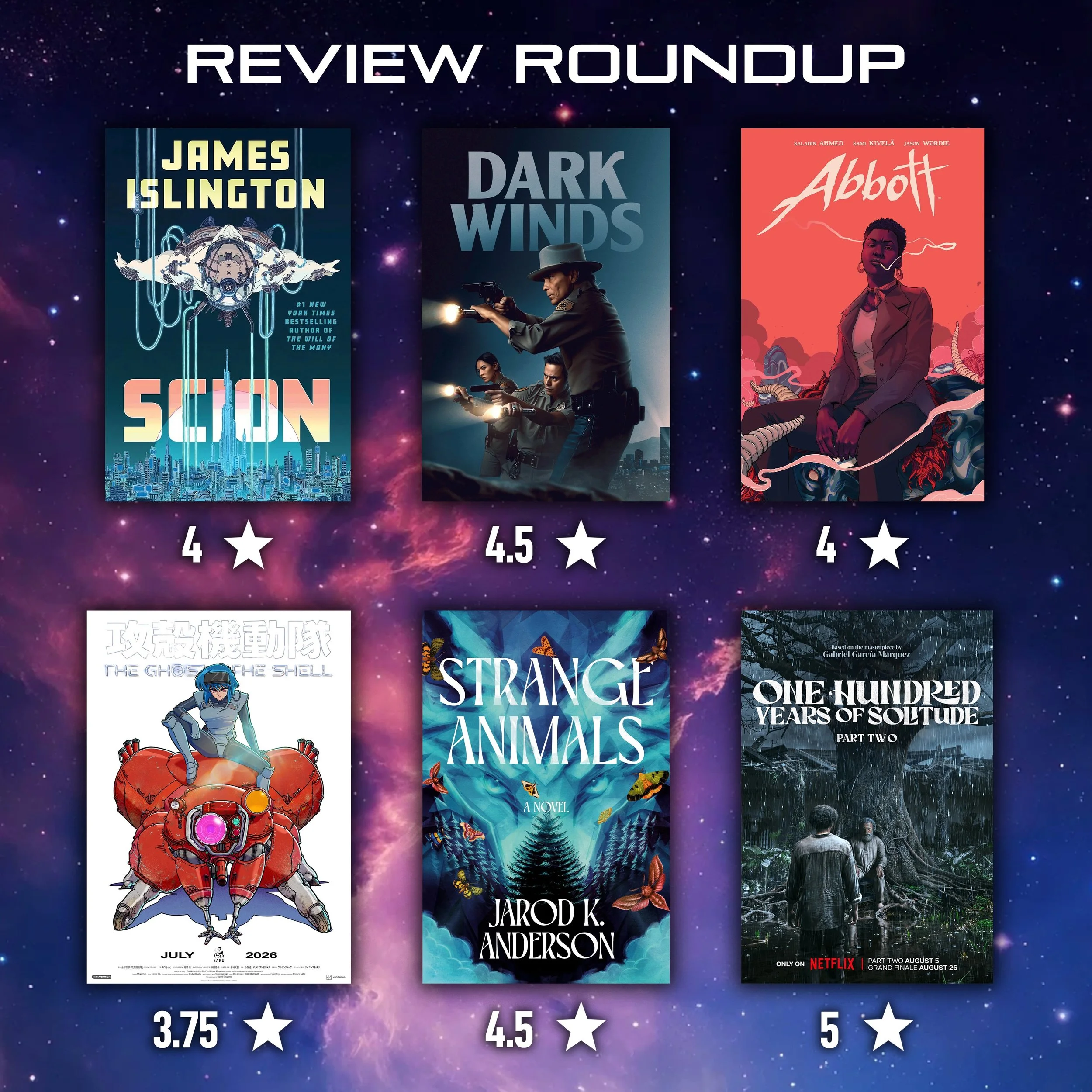 Catching up on my latest books/shows/comics with a REVIEW ROUNDUP:
4⭐️ - Scion by @jamesislington_author 
4.5⭐️ - Dark Winds S01-04
4⭐️ - Abbott by Saladin Ahmed
3.75⭐️ - The Ghost in the Shell S01
4.5⭐️ - Strange Animals by @cryptonaturalist 
5⭐️ - 
