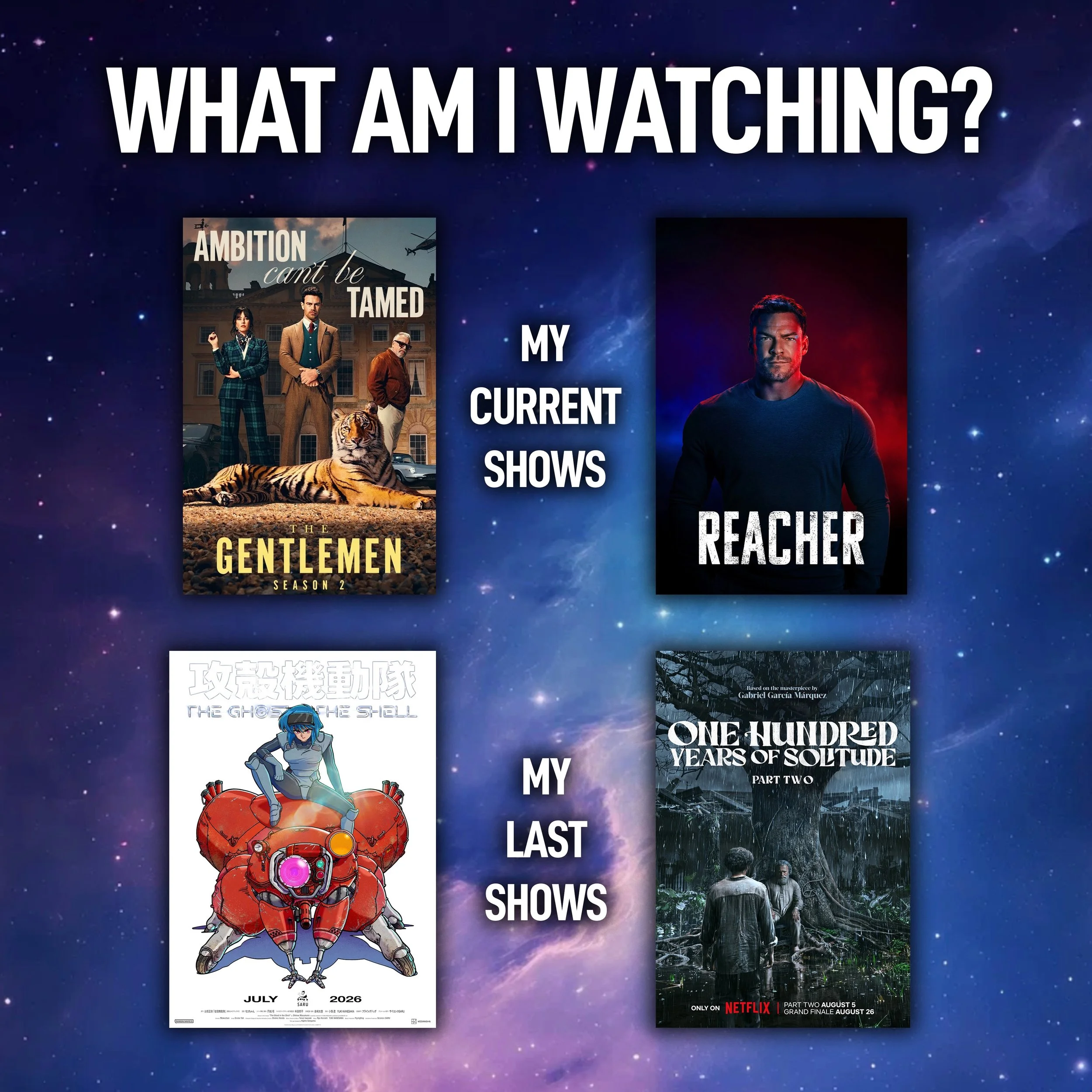 What are you all watching? I recently finished One Hundred Years of Solitude Part II (a masterpiece) and The Ghost in the Shell anime (incredible animation but narratively/tonally inconsistent). Now, I&rsquo;ve just started The Gentlemen S02 and I&rs