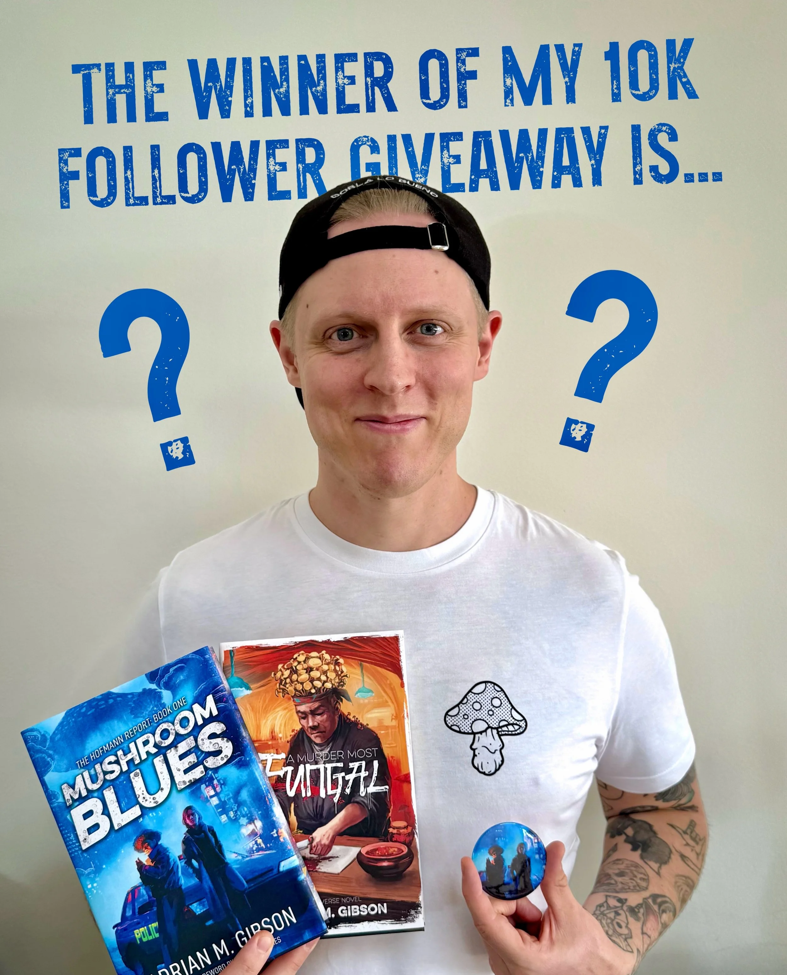 The fungal gods have spoken via random draw: congratulations to @j.s.lanternlibrary, you won my 10k follower GIVEAWAY!!! That means you&rsquo;ll be receiving hardcover copies of Mushroom Blues and A Murder Most Fungal, a mushroom button set and an En