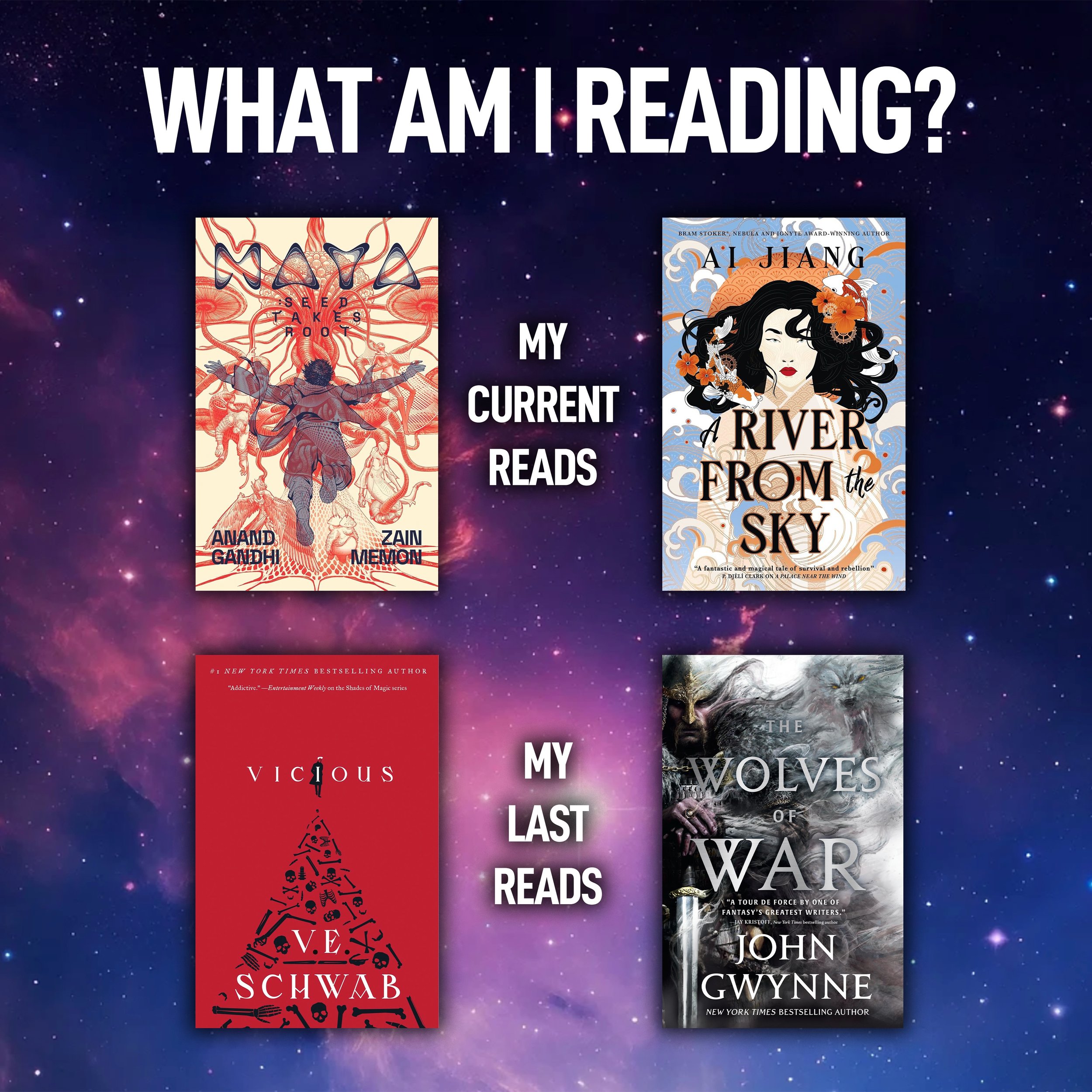 What are you all reading? I had a fantastic month of reading, during which I finished Vicious by @veschwab and The Wolves of War by @john_gwynne_author (both are really good). I&rsquo;m now in the middle of MAYA: Seed Takes Root by @memewala &amp; @z