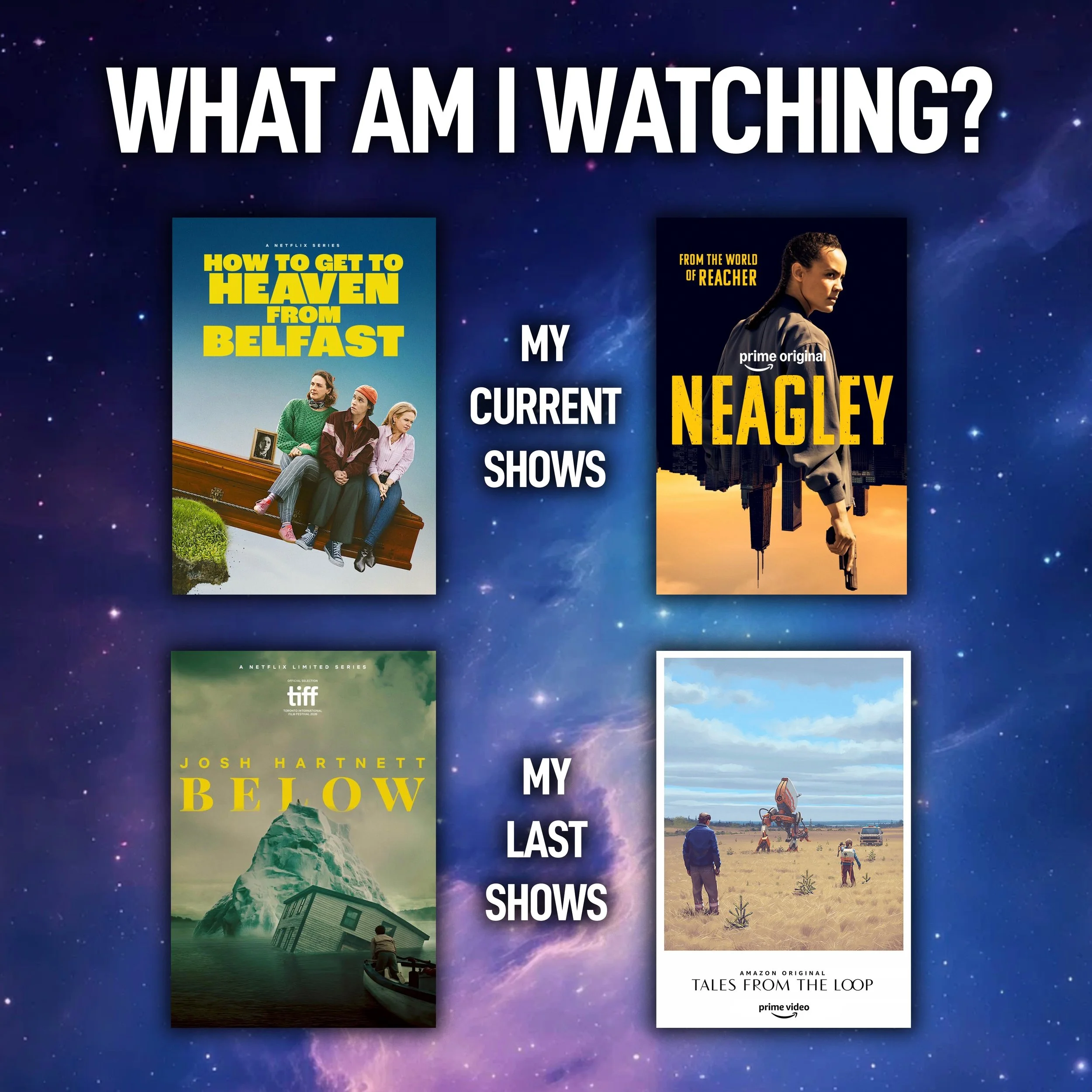 What are you all watching? I recently finished Tales from the Loop (so good!) and Below (cool premise but fell apart in the second half). Now, I&rsquo;m in the middle of How to Get to Heaven from Belfast and Neagley S01.
&bull;
&bull;
&bull;
#amwatch