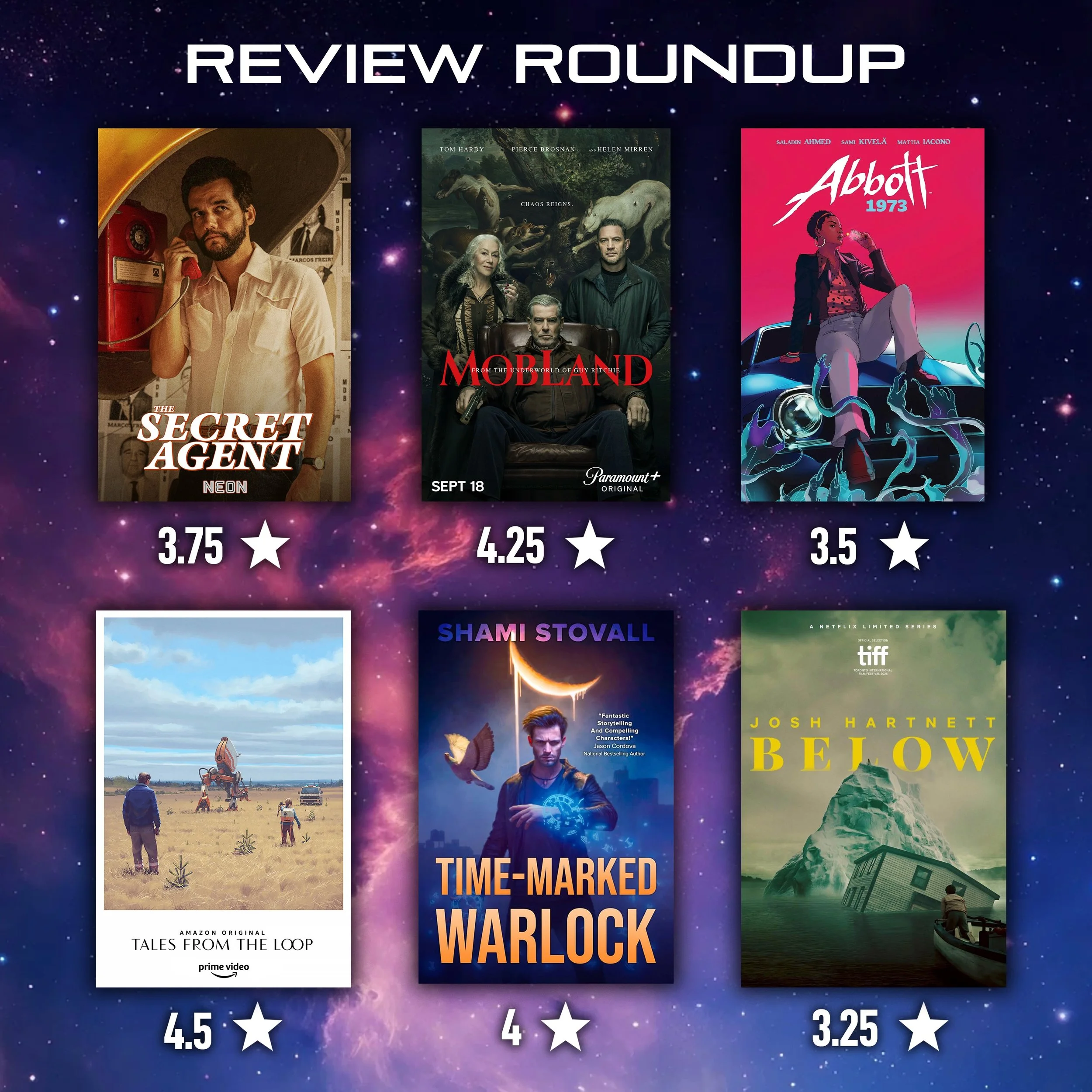 Catching up on my latest books/shows/comics/movies with a REVIEW ROUNDUP:
3.75⭐️ - The Secret Agent
4.25⭐️ - MobLand S01
3.5⭐️ - Abbott 1973 by Saladin Ahmed
4.5⭐️ - Tales from the Loop
4⭐️ - Time-Marked Warlock by @gameoverstation 
3.25⭐️ - Below
Wh