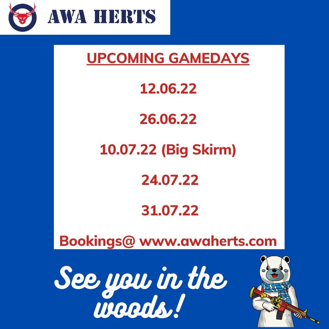 Advanced warning of upcoming game dates. Some days have been selling out, so get in quick.
#AWAHerts #skirmish #AI #airsoftinternational #airsoft #gunporn #airsoftplayers #gameday #gunstergram #pewpew #airsoftoperator #airsoft #airsofters #worldair