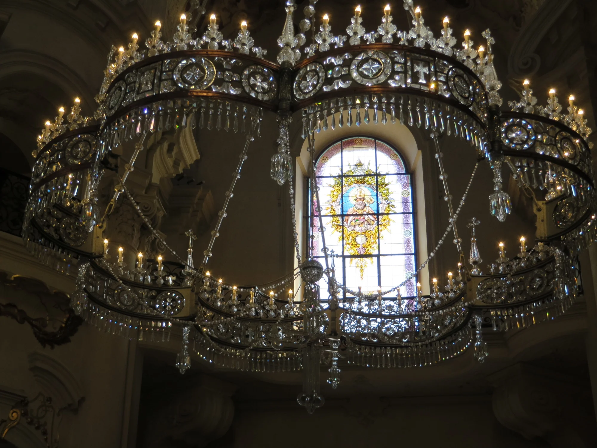 chandelier and altar window, st. nicholas church, prague