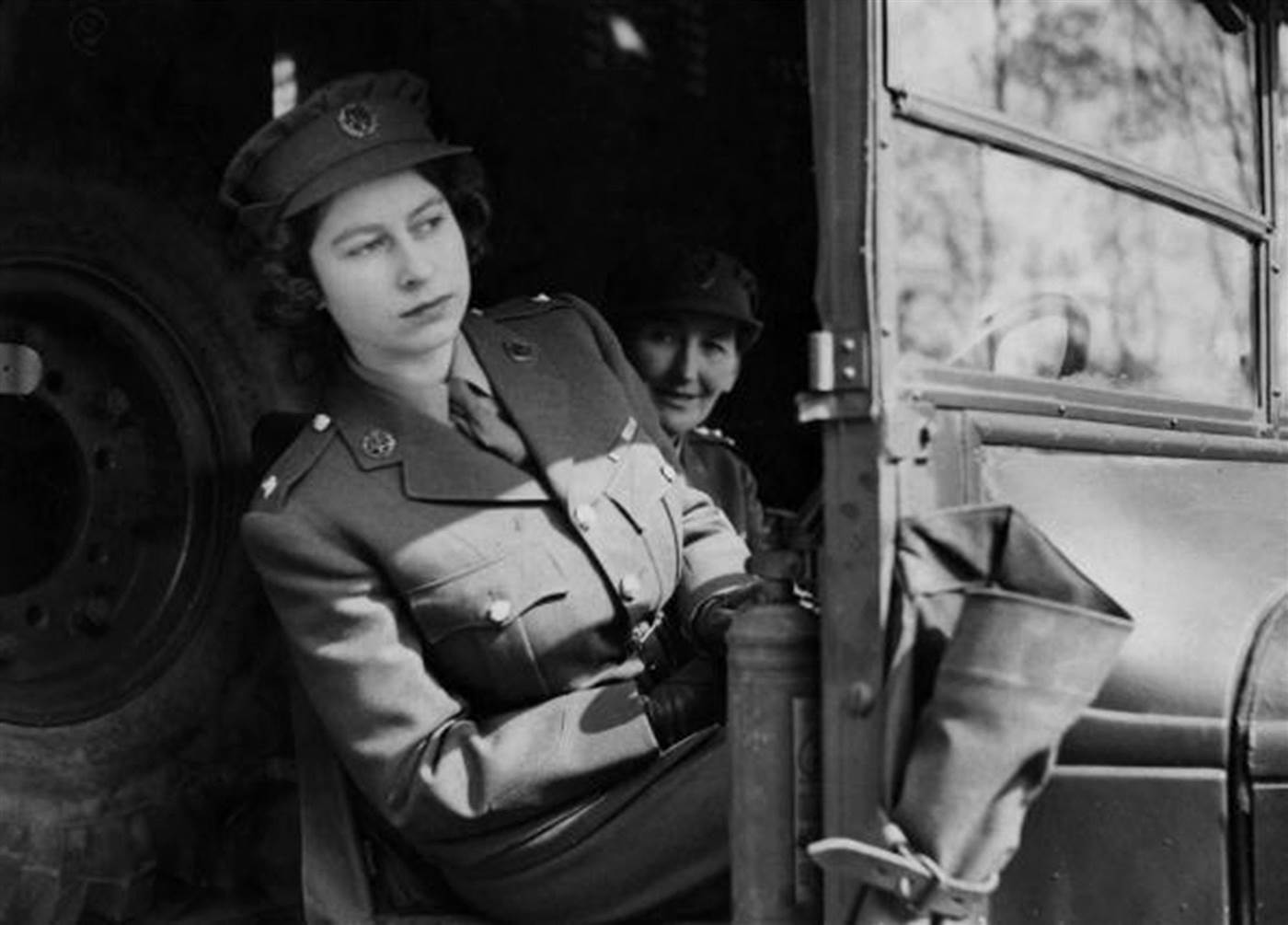 Then-Princess Elizabeth driving an ambulance during her wartime service in the Auxiliary Territorial Service in 1945.