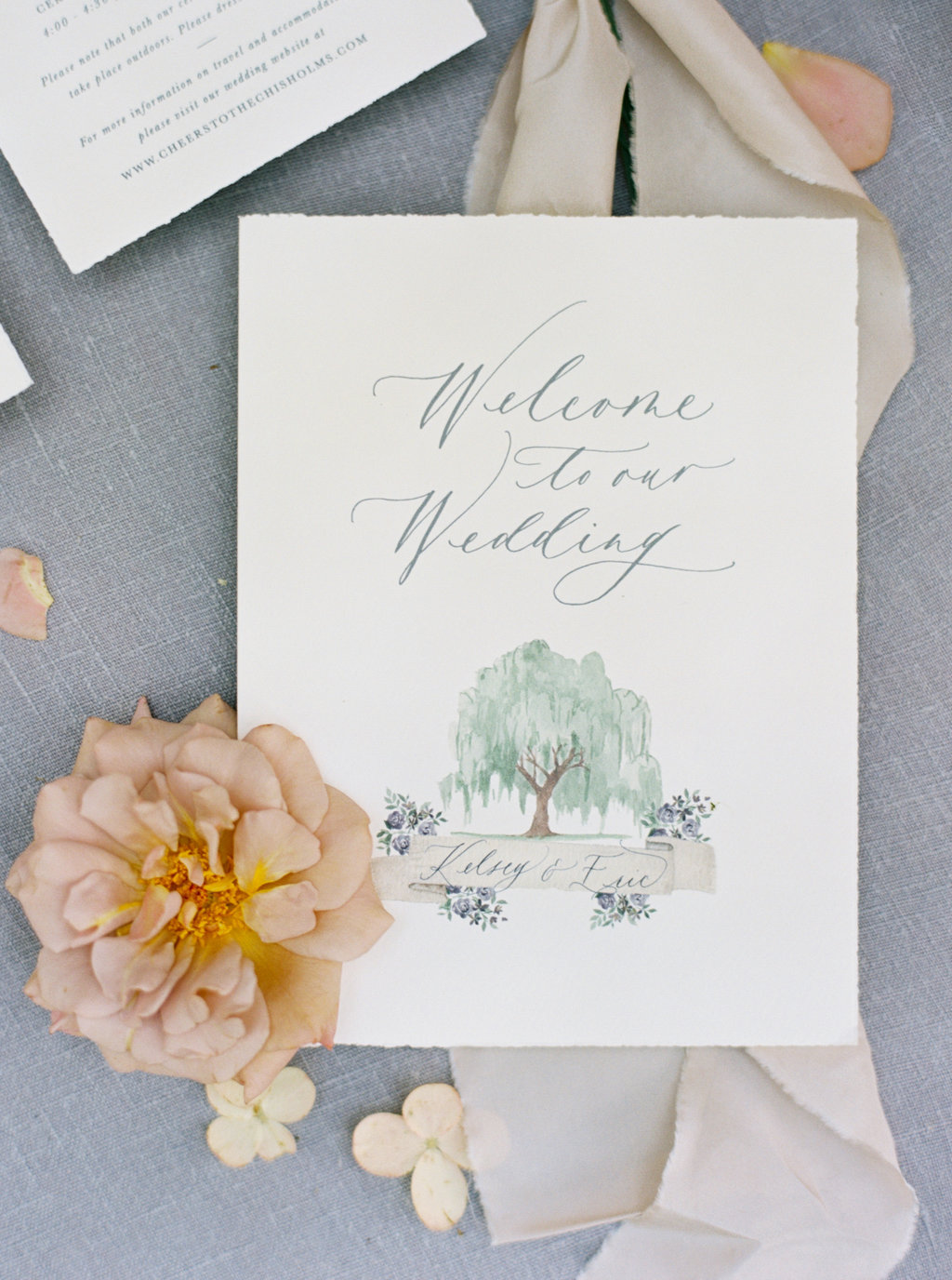 Custom wedding program with calligraphy and watercolor.