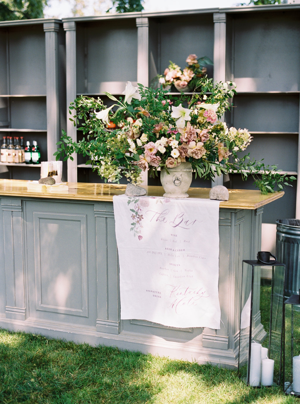 Fabric wedding bar sign from Spoonflower. Custom watercolor flowers and calligraphy.