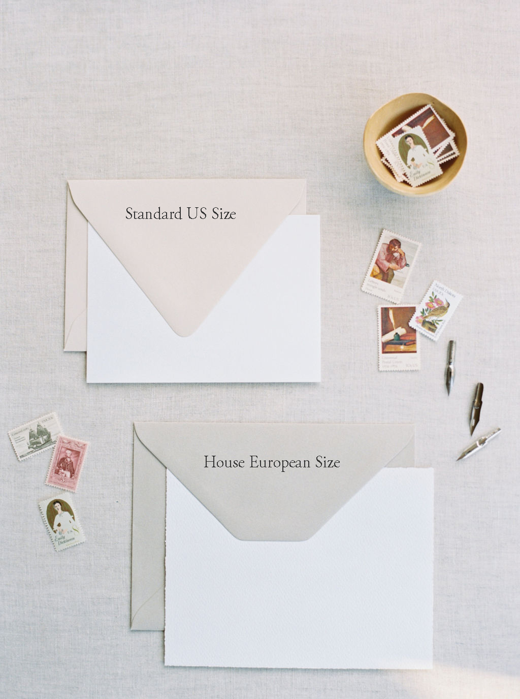 Envelope sizes for semi-custom invitation suites.