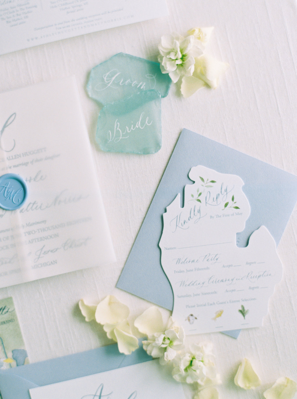 Custom die cut Michigan RSVP Card with watercolor elements and calligraphy.