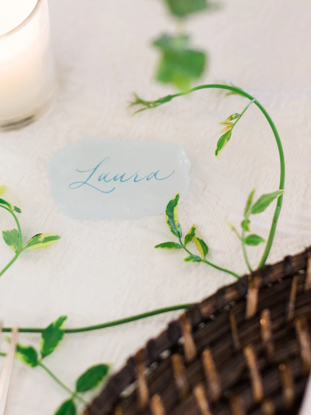 Beach glass place card or escort card with calligraphy.