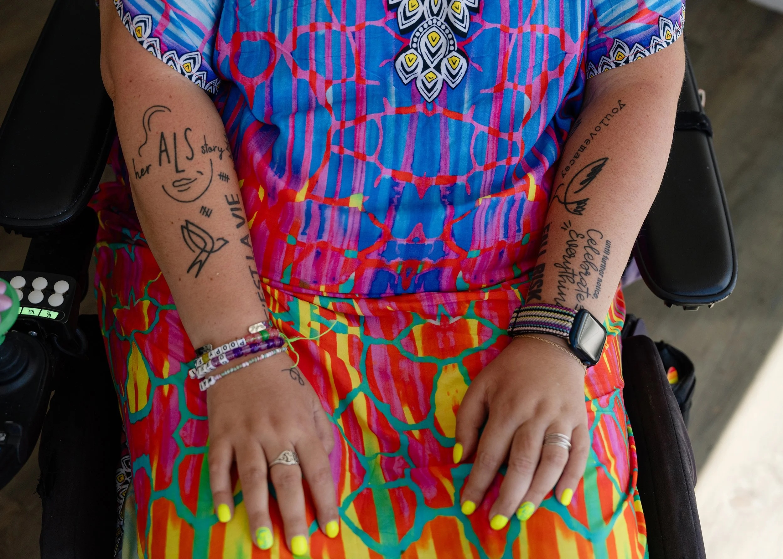 Brous's tattoos symbolize her A.L.S. story and commemorate friends who have died.