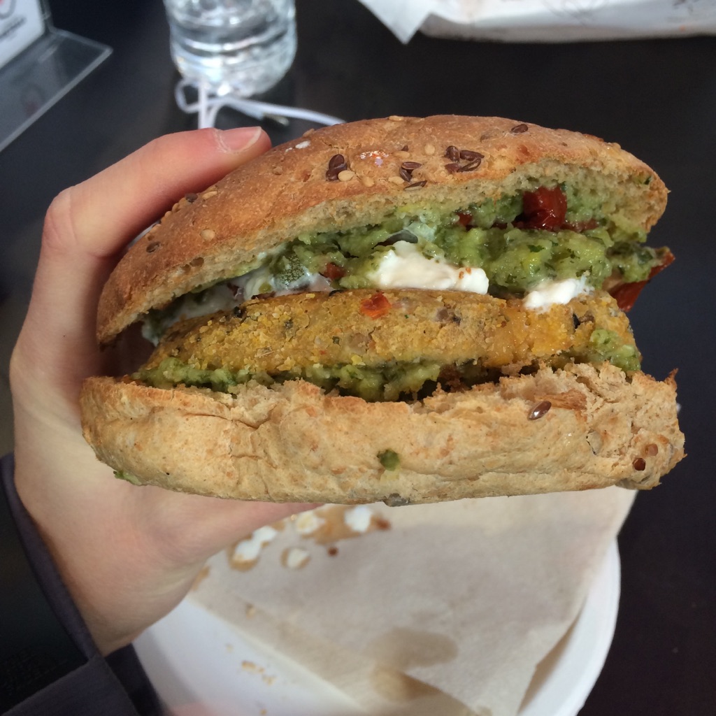 I got a veggie burger with zucchini basil pesto, sun dried tomatoes, and stracciatella-spun cheese curd. Isaac got two different pizza flatbreads/focaccias. 