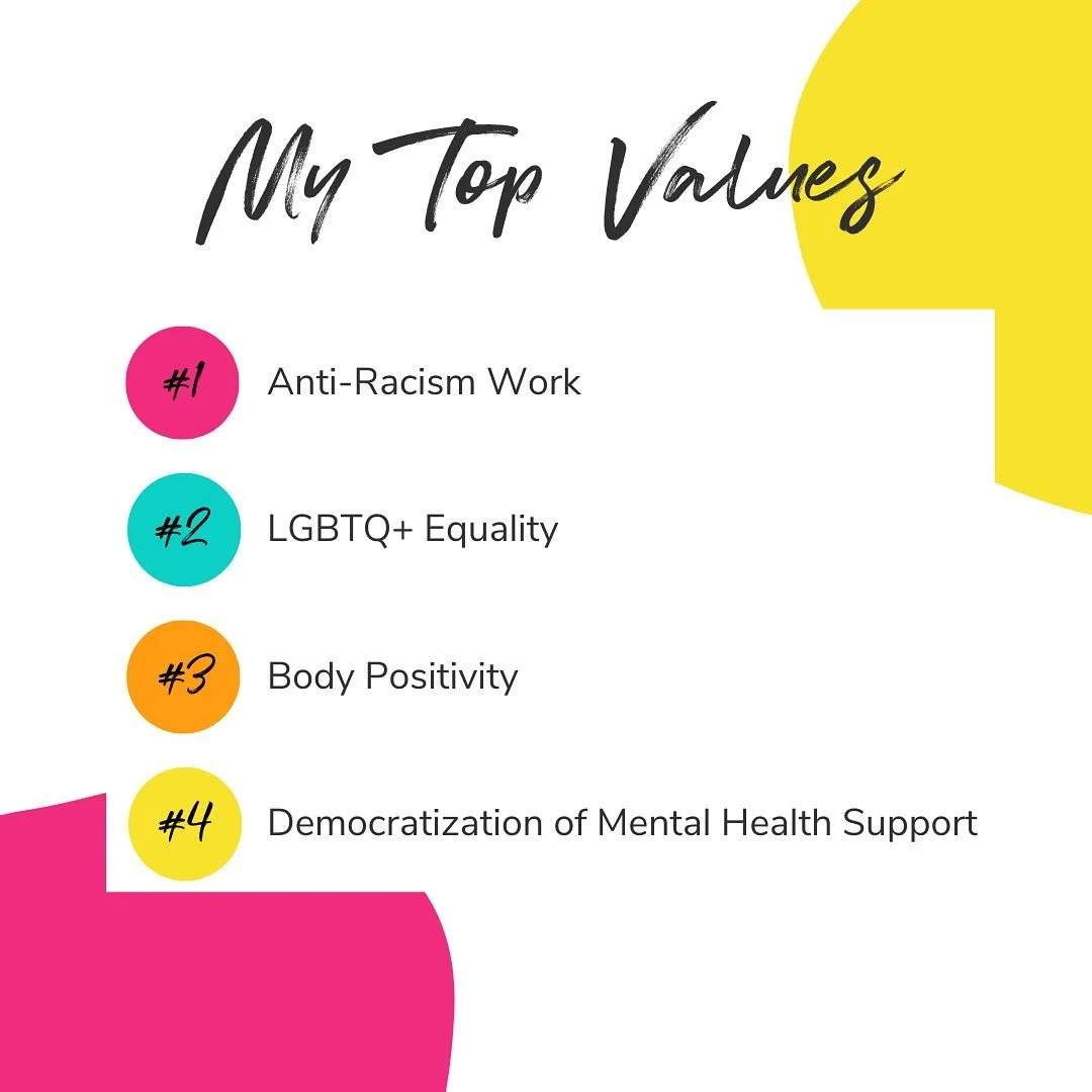 My Values As a Coach, Therapist, and Human ✨

I believe it&rsquo;s important for us to explicitly state &mdash; and live &mdash; our values, so here are mine.

🤝 Anti-Racism Work - As a white person, it is my responsibility to actively work to disma