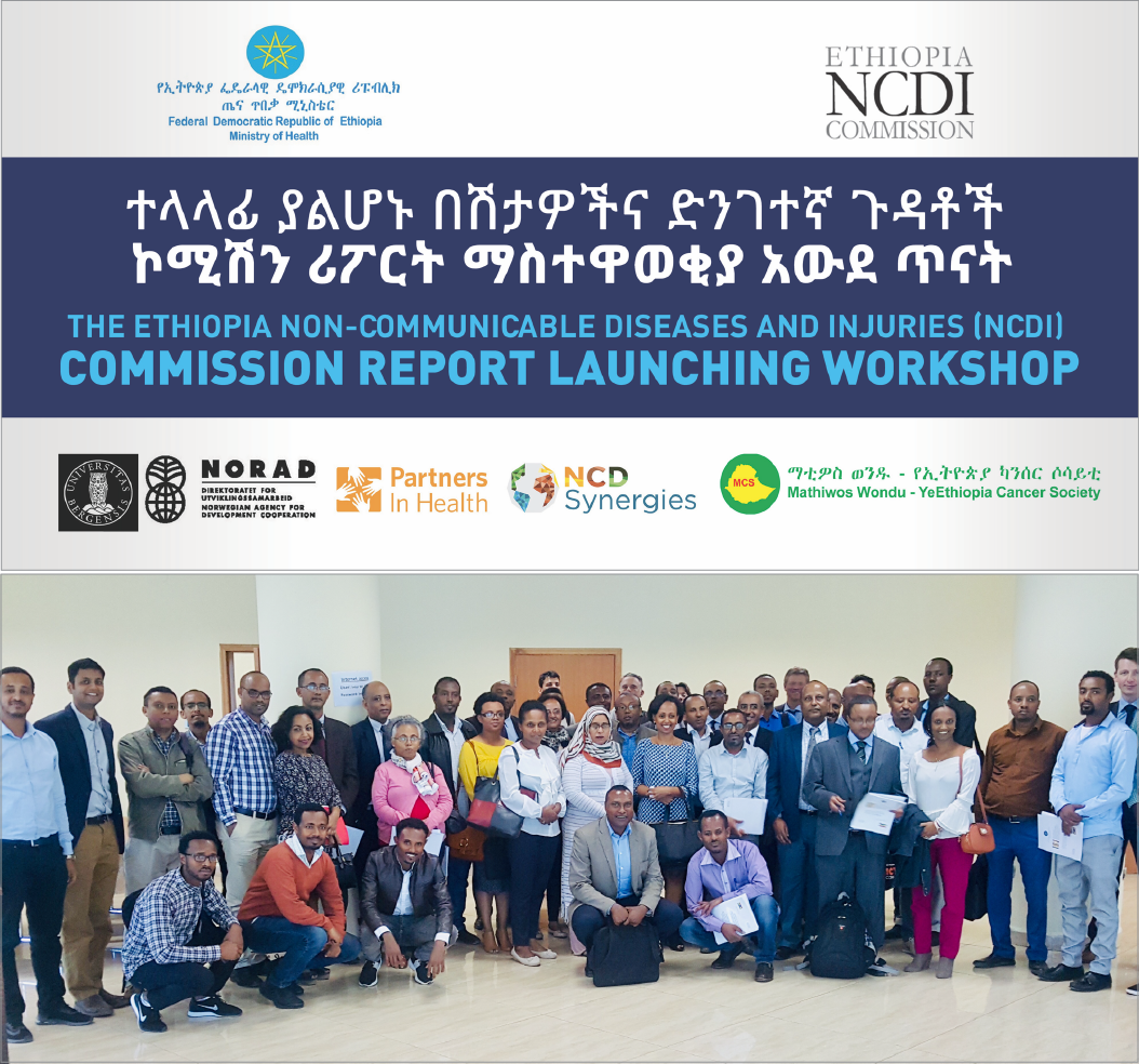 the ethiopia NCDI COMMISSION REPORT WAS LAUNCHED WITH THE PARTICIPATION of HER EXCELLENCY DR. LIA TADESSE, state minister of health (CENTER OF FIRST ROW STANDING), AND STAKEHOLDERS FROM GOVERNMENT MINISTRIES, CIVIL SOCIETY AND PATIENT ADVOCACY ORGANIZATIONS, DEVELOPMENT PARTNERS, AND MEDICAL AND RESEARCH INSTITUTIONS.