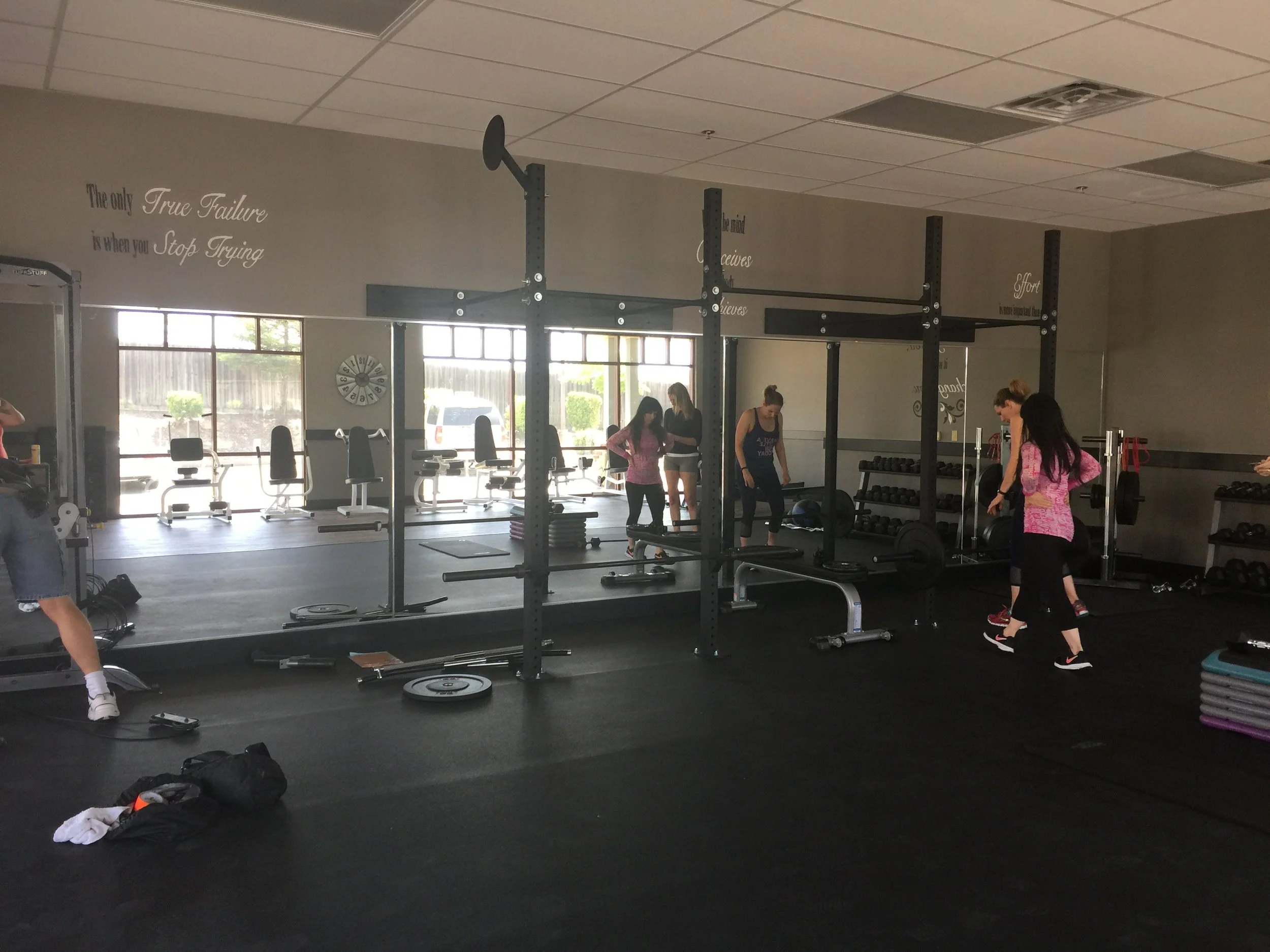 Continuous surface rubber as well as hardwood floors offer my clients plenty of room to lunge, plank, and get to the next level!