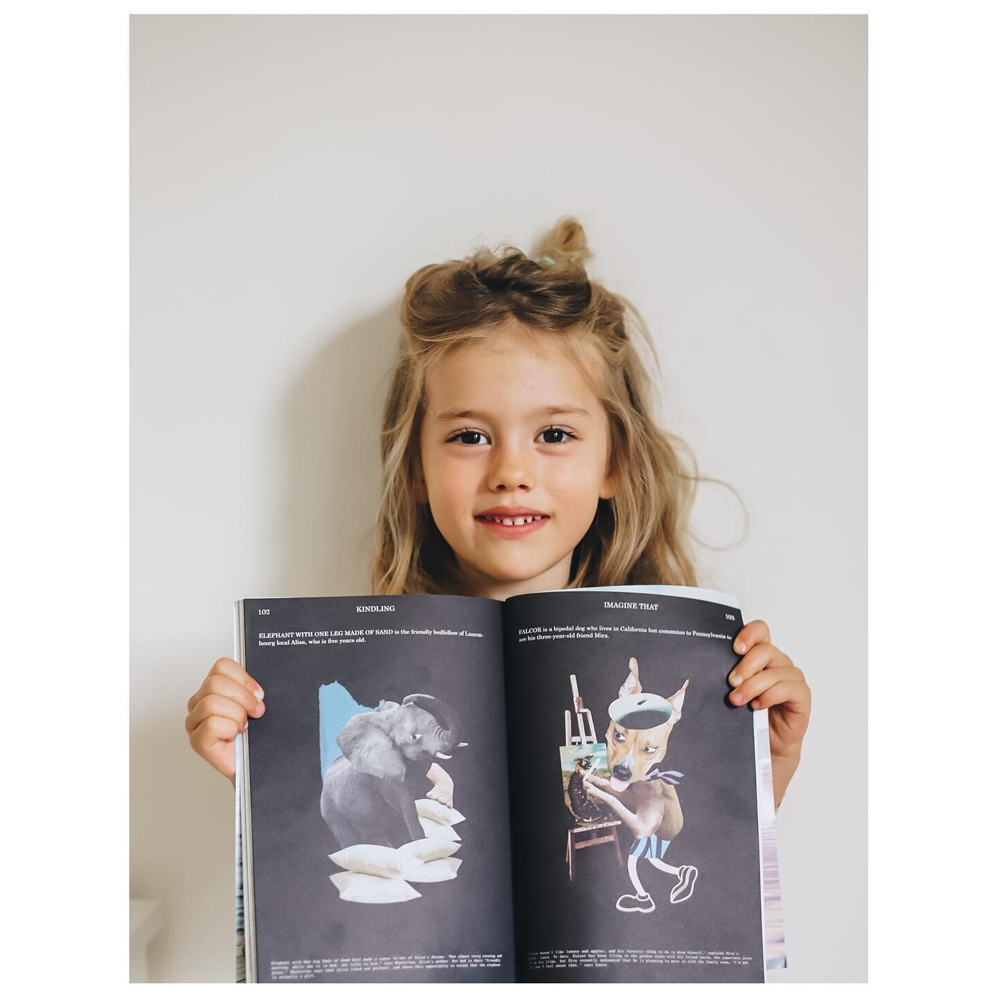 Someone is pretty excited about her contribution to @kindlingmagazine newest issue on Imaginary Friends! She&rsquo;s got a few friends she has dreamed up but Falcor, a walking dog who does a lot of self-portraiture, is her favorite. Thanks to the tea